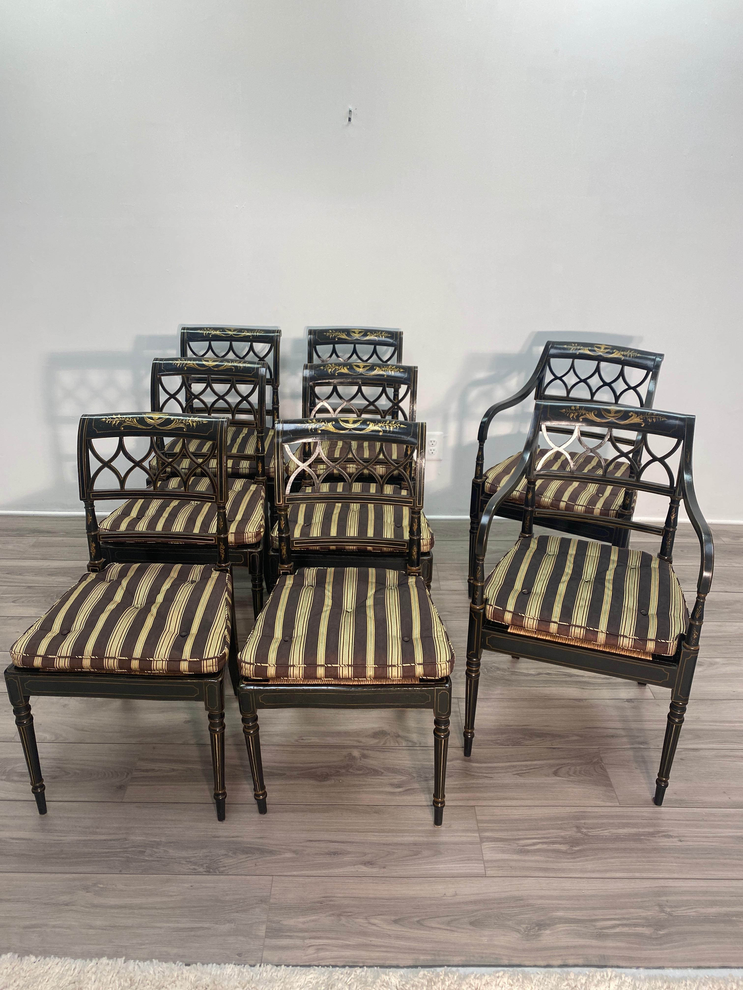 A remarkable elegant and rare set of ebonized and hand applied parcel-gilt Period English Regency chairs with rush seats and cushions.