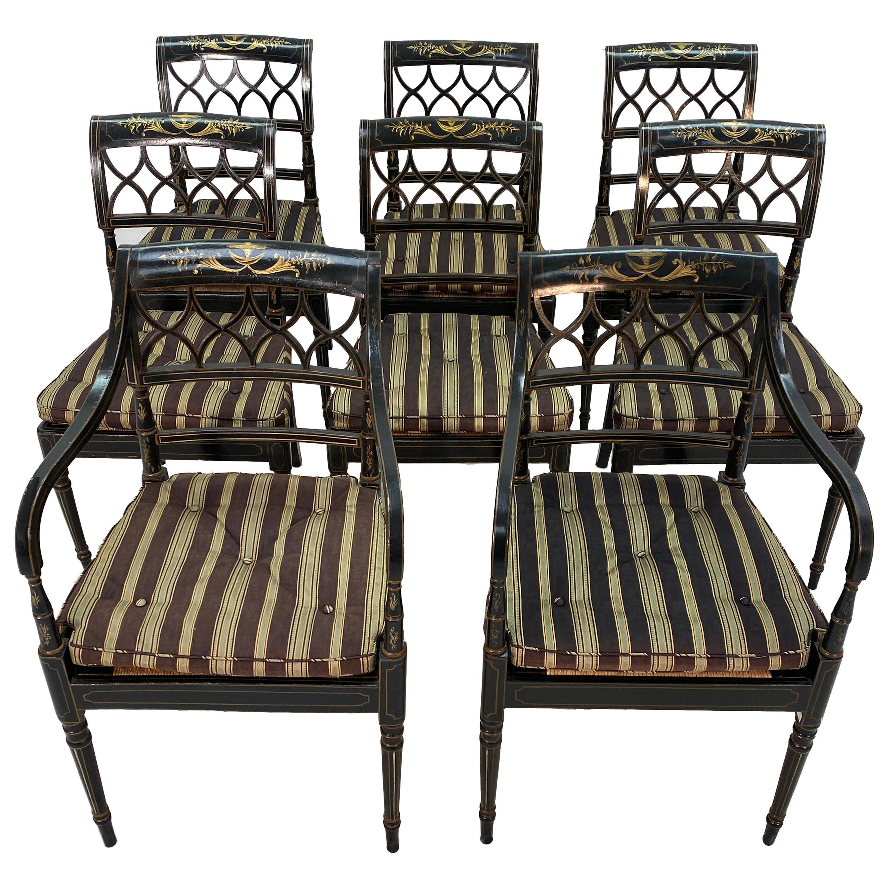 Set of Eight English Regency Ebonized Dining Chairs 