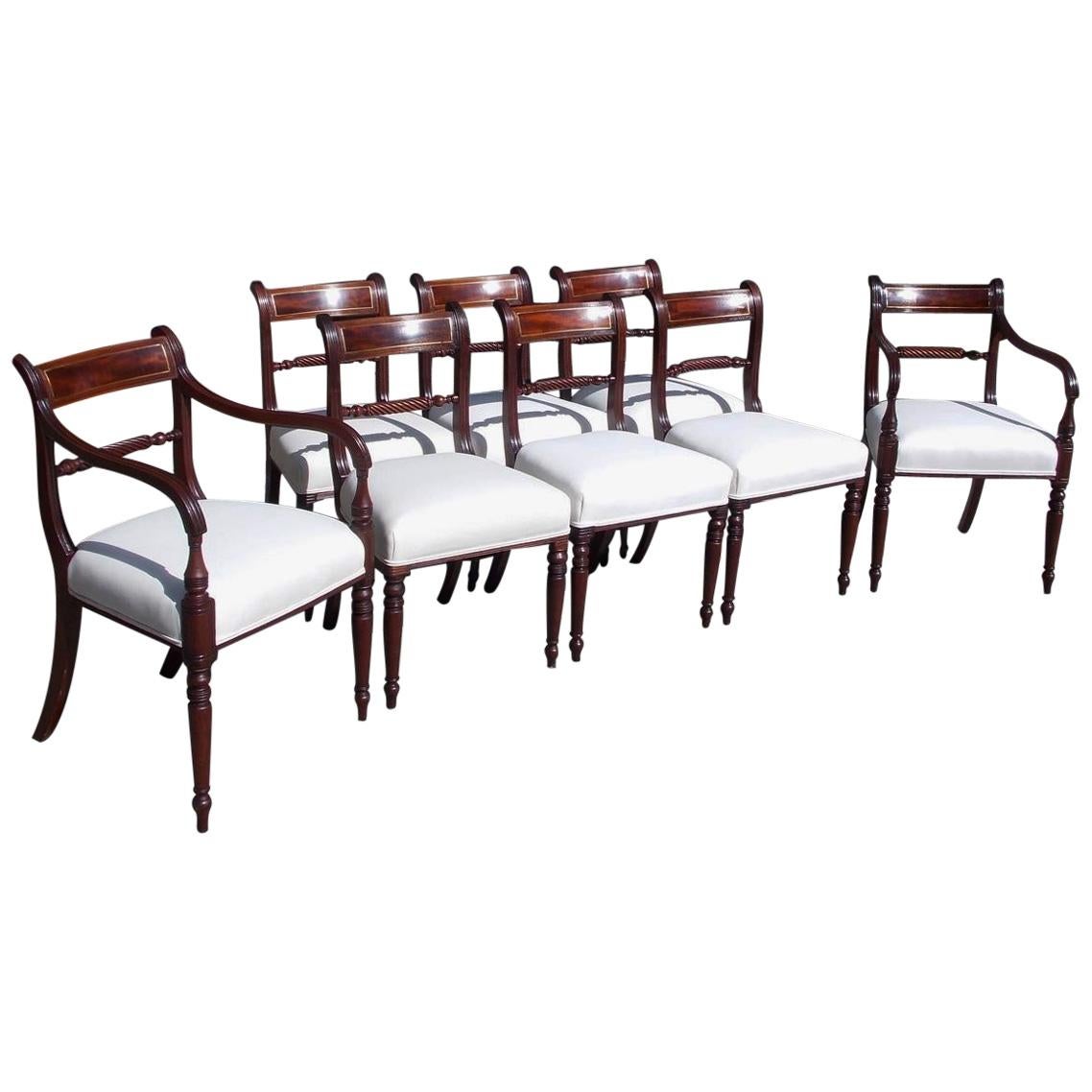Set of Eight English Regency Mahogany Brass Inlaid Dining Room Chairs C. 1810