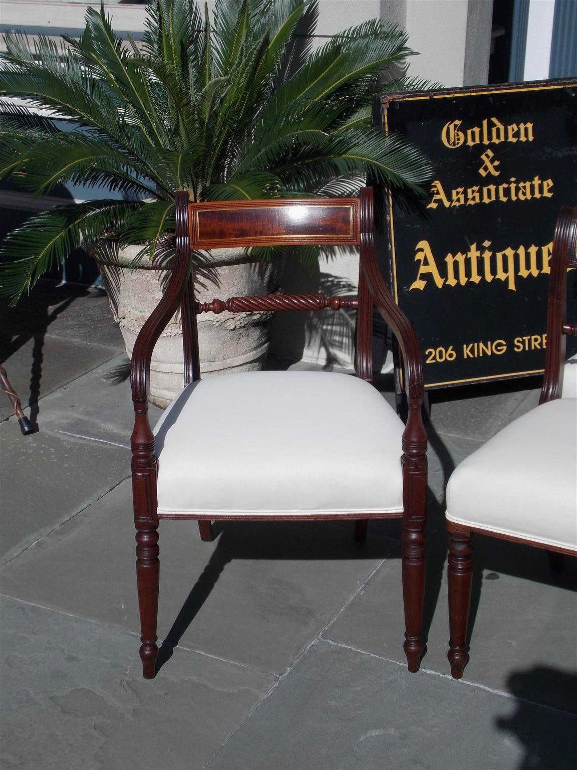 Set of Eight English Regency Mahogany Brass Inlaid Dining Room Chairs C. 1810 In Excellent Condition In Hollywood, SC
