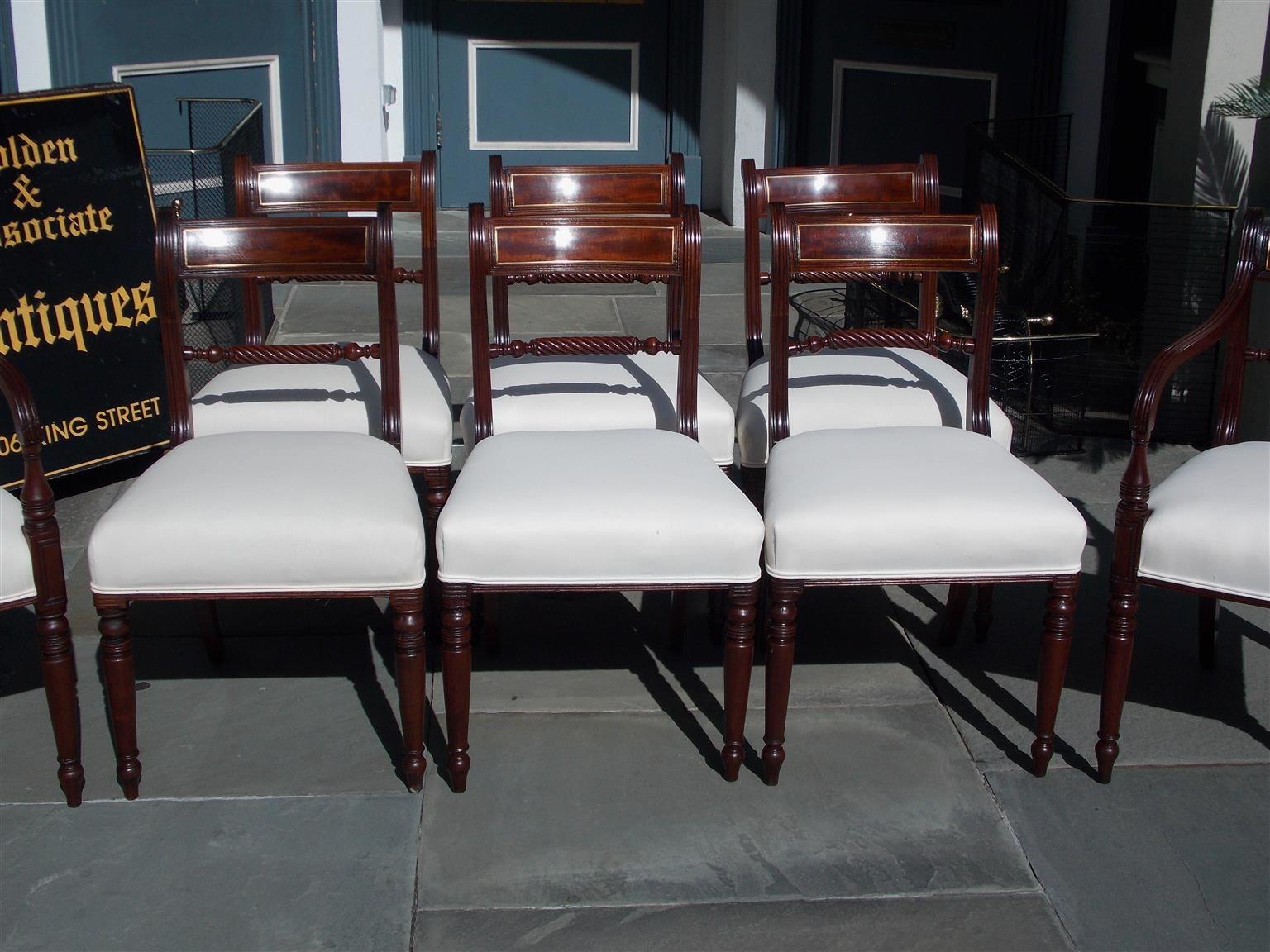 Early 19th Century Set of Eight English Regency Mahogany Brass Inlaid Dining Room Chairs C. 1810