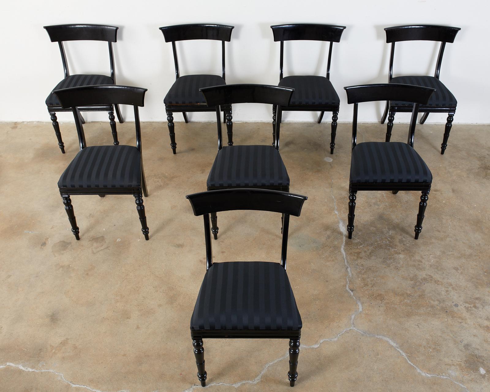 Lacquered Set of Eight English Regency Style Ebonized Dining Chairs