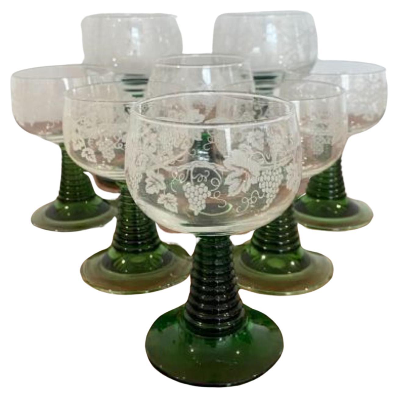 Set Of Eight Engraved Antique Wine Glasses