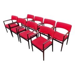 Set of Eight Erik Worts "Erika" Armchairs in Rosewood + Crimson Wool