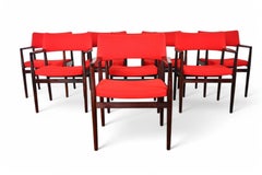 Set of Eight Erik Worts "Erika" Armchairs in Rosewood + Crimson Wool