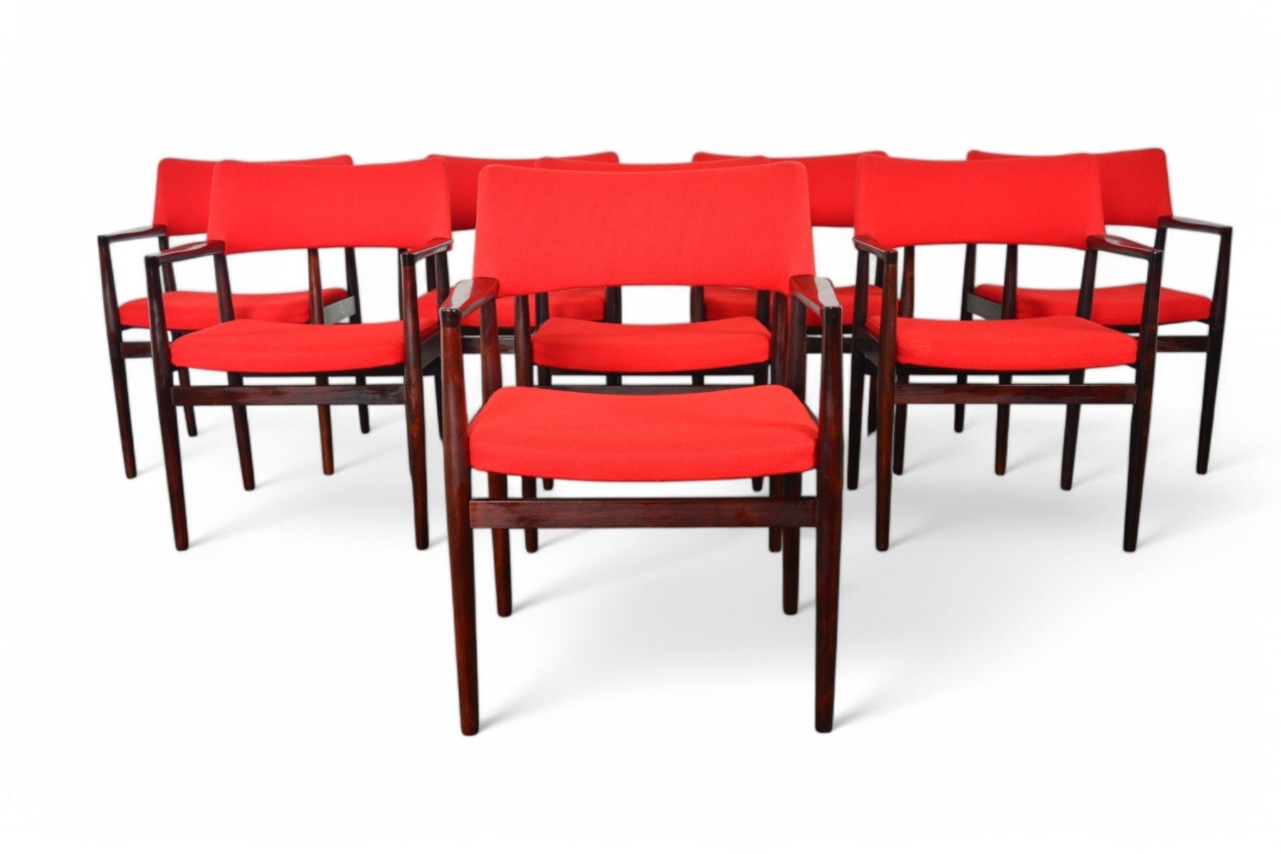 Set of Eight Erik Worts "Erika" Armchairs in Rosewood + Crimson Wool
