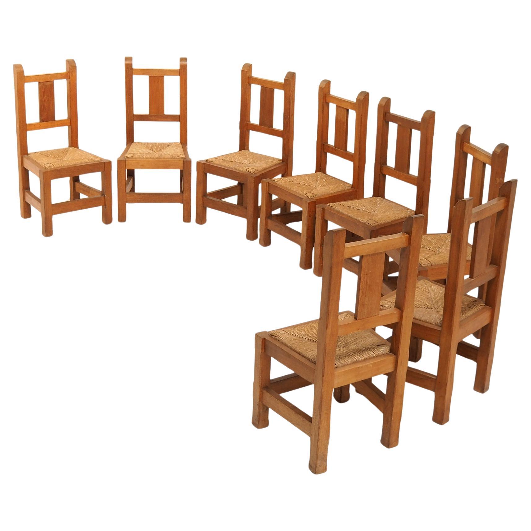 Set of Eight European Handmade Solid Oak Chairs, 1970s