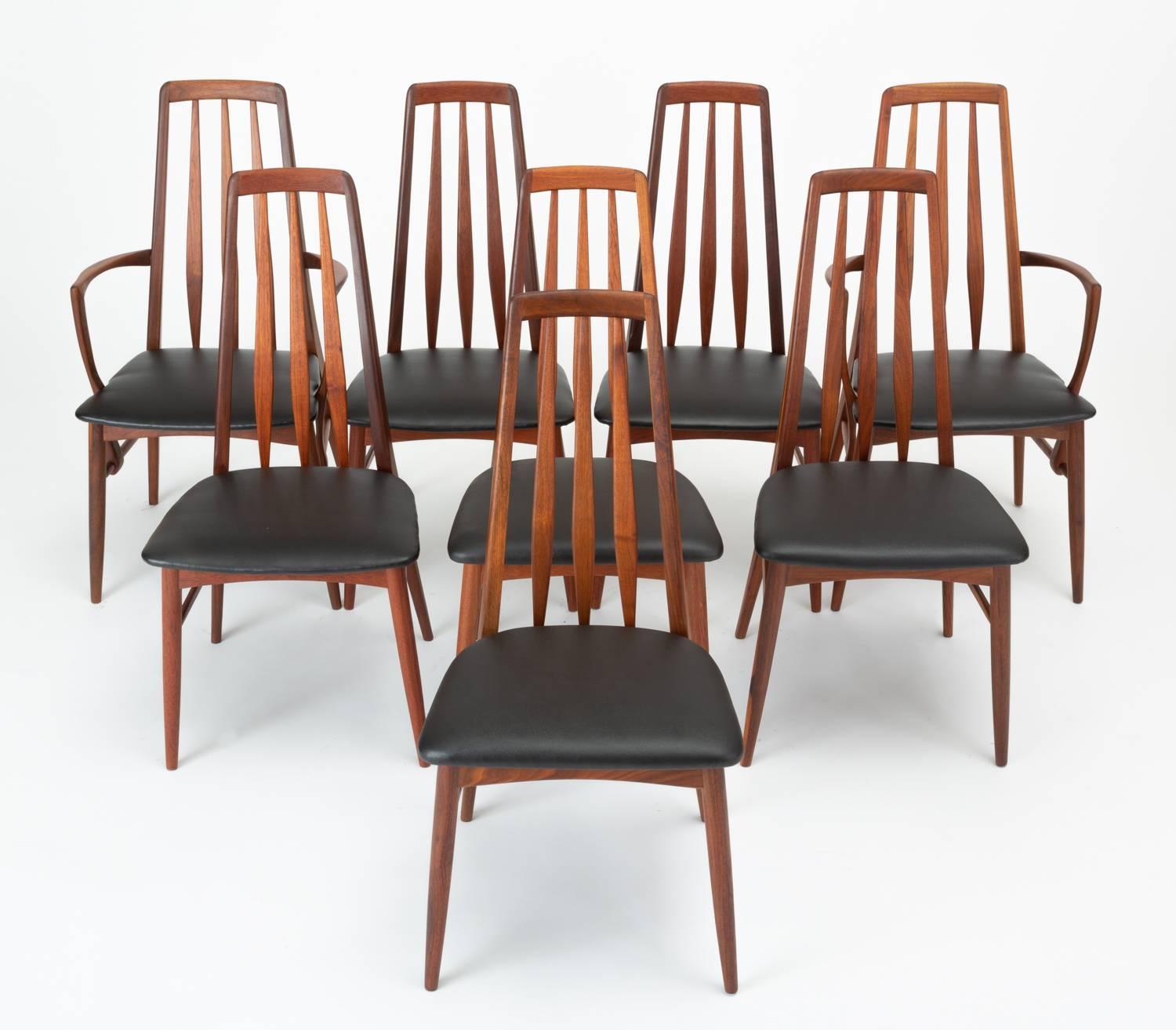 A set of eight “Eva” dining chairs by Niels Koefoed for his family company, Koefoeds Mobelfabrik of Hornslet, Denmark. Designed in 1964, the Eva chair is defined by its sloped backrest and three vertical slats that conform to the curves of the