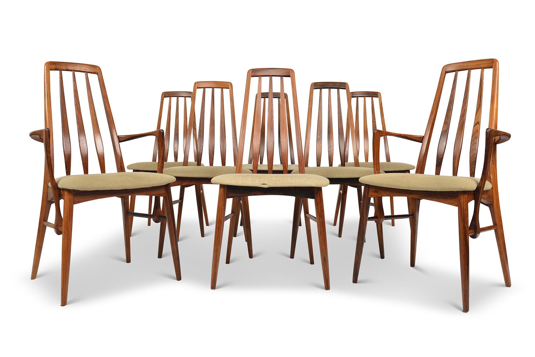 Origin: Denmark
Designer: Niels Koefoed
Manufacturer: Koefoed Hornslet Møbelfabrik
Era: 1960s
Dimensions (side chairs): 19 wide x 16 deep x 37.5 tall, seat: 19 wide x 15 deep x 18 tall
Captain’s chairs: 21 wide x 18 deep x 37.5 tall, seat: 19