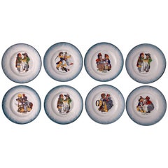 Vintage Set of Eight Faïence Plates, Children Dressed in Napoleon Army Costumes