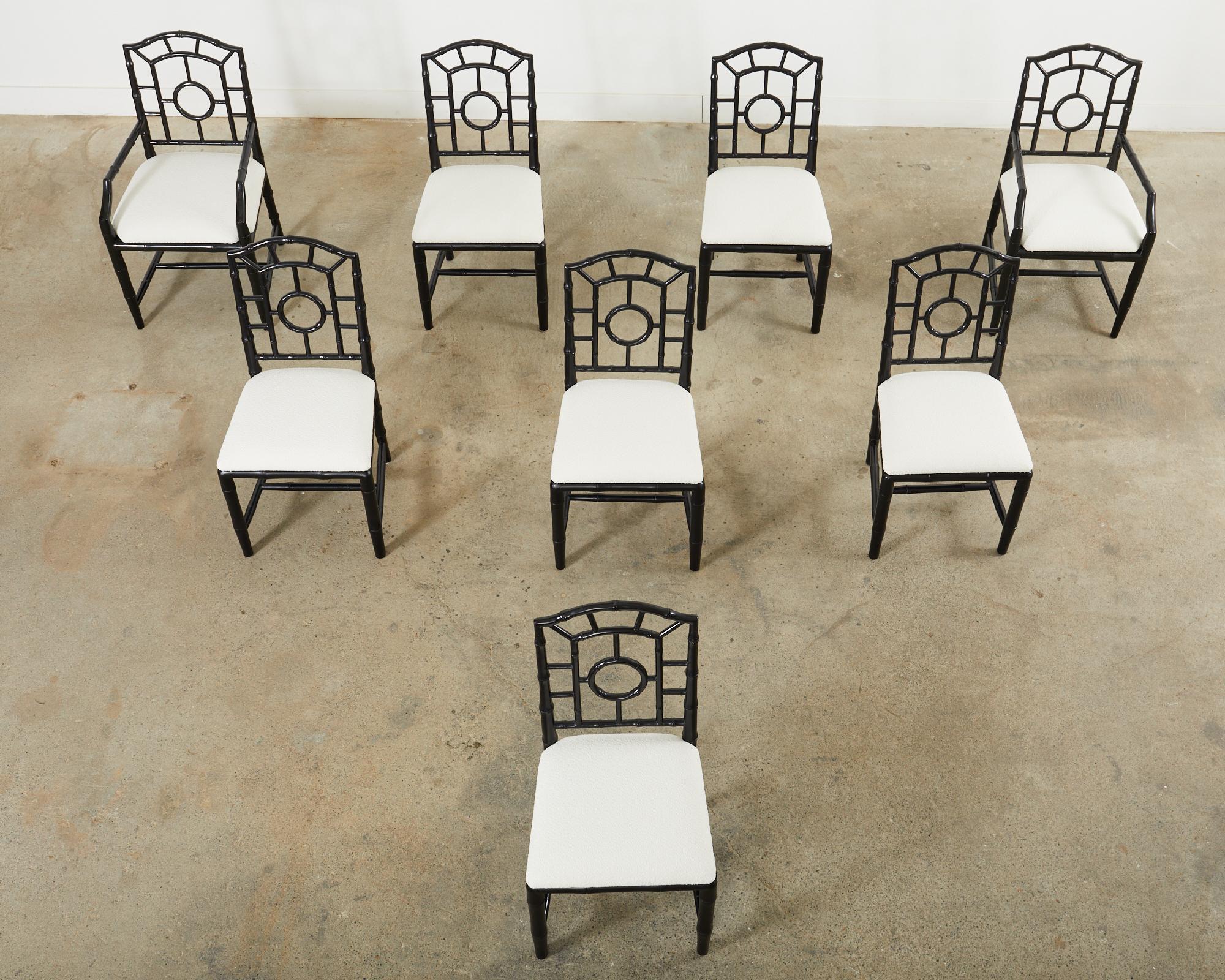 Chinese Chippendale Set of Eight Faux Bamboo Bouclé Lacquered Chloe Dining Chairs For Sale