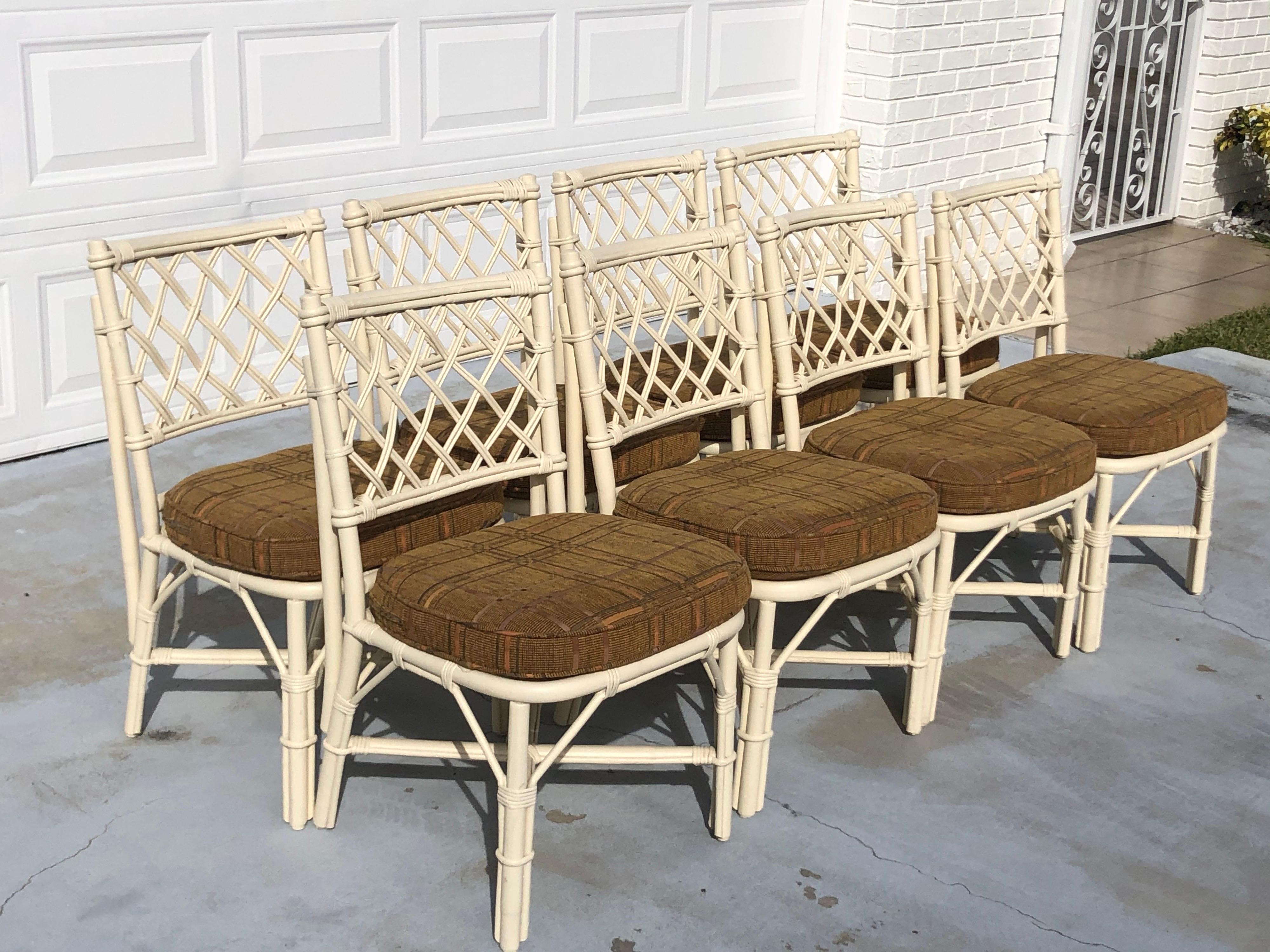 Bohemian Set of Eight Faux Bamboo Dining Chairs with Cushions