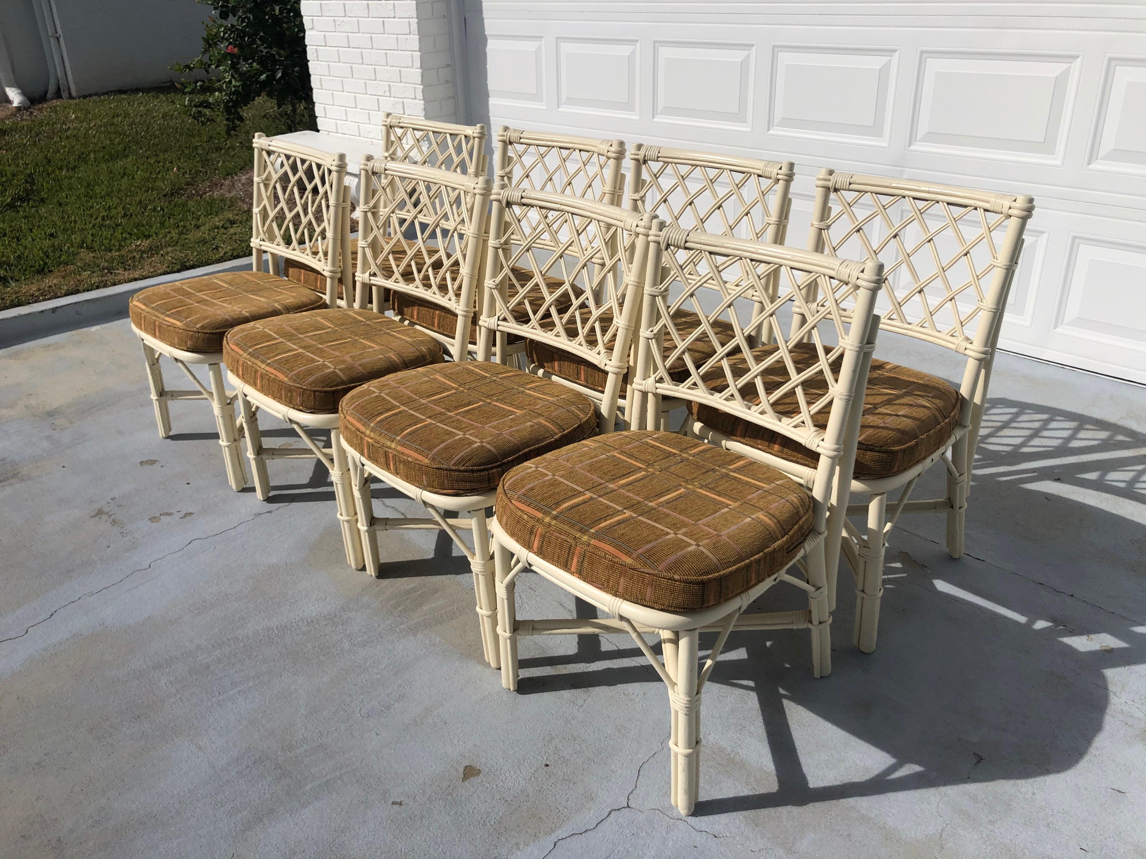 Set of Eight Faux Bamboo Dining Chairs with Cushions In Good Condition In Redding, CT