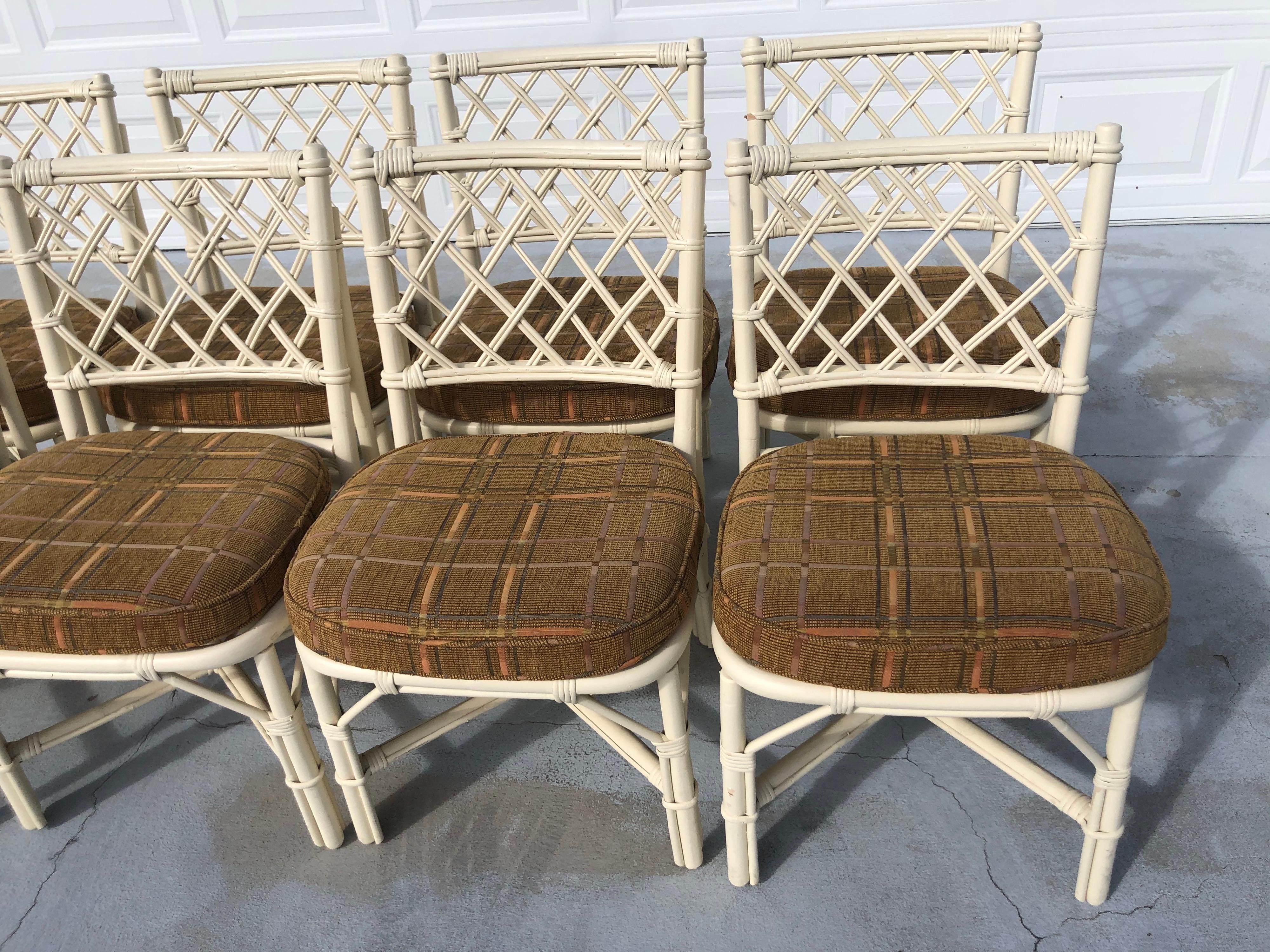 Wicker Set of Eight Faux Bamboo Dining Chairs with Cushions