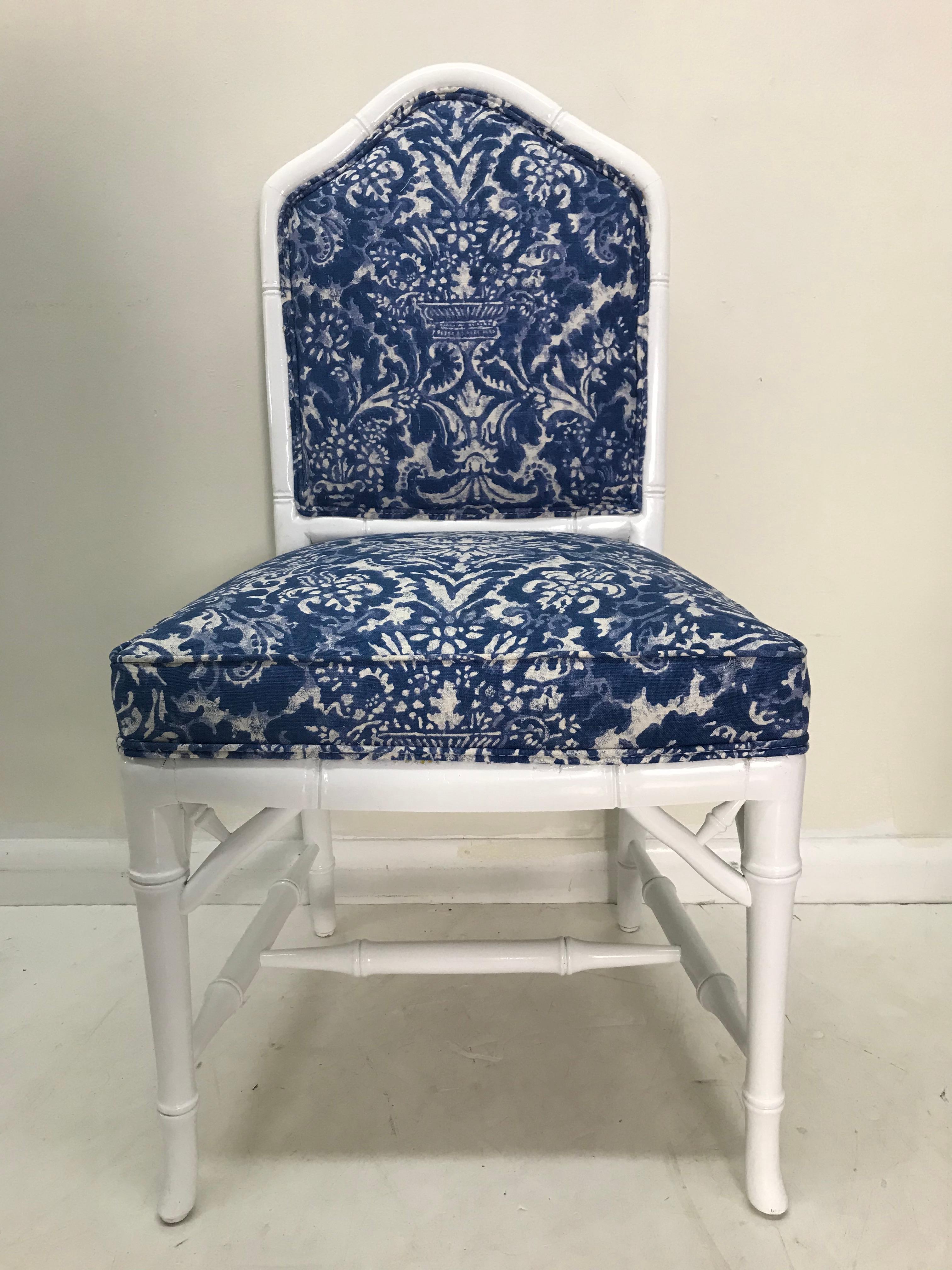 American Set of Eight Faux Bamboo White Dinning Chairs with Blue Ralph Lauren Upholstery