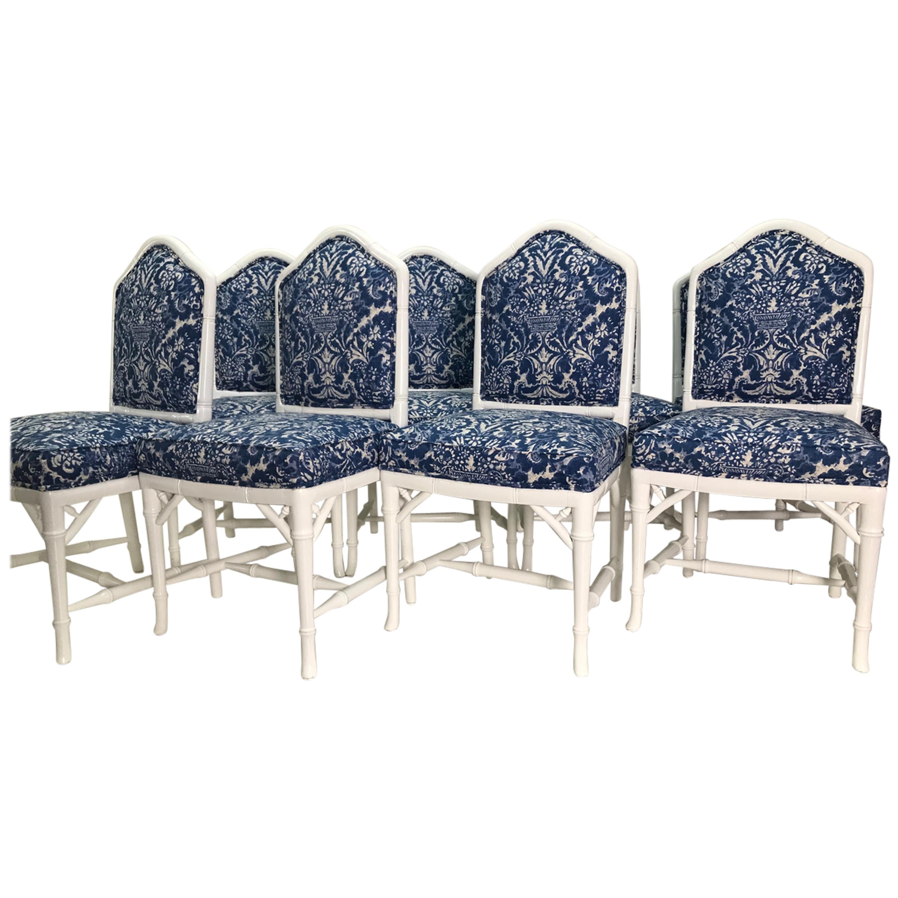 Set of Eight Faux Bamboo White Dinning Chairs with Blue Ralph Lauren Upholstery