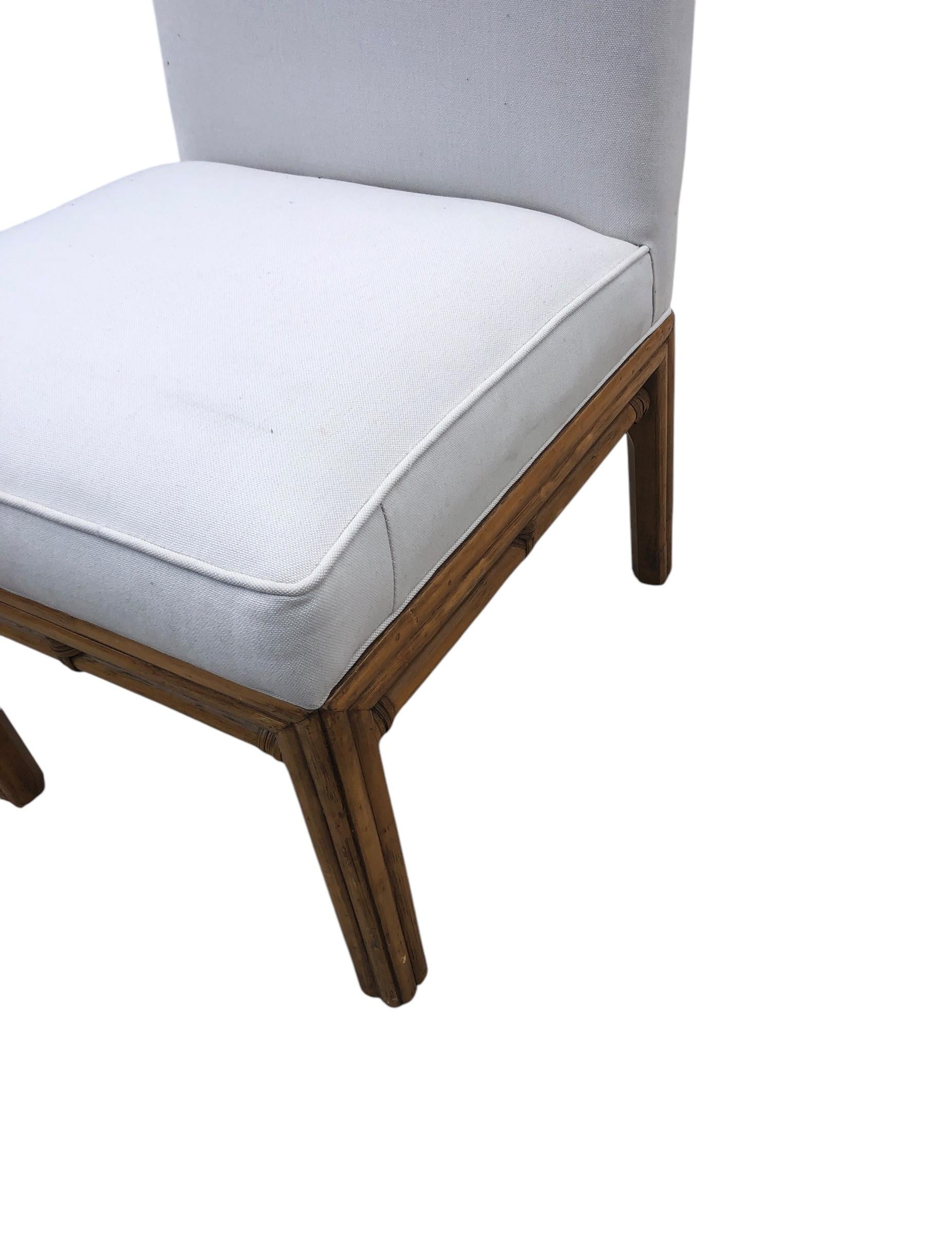 Set of Eight Ficks Reed Mid Century Rattan Upholstered Dining Chairs In Good Condition In Chapel Hill, NC