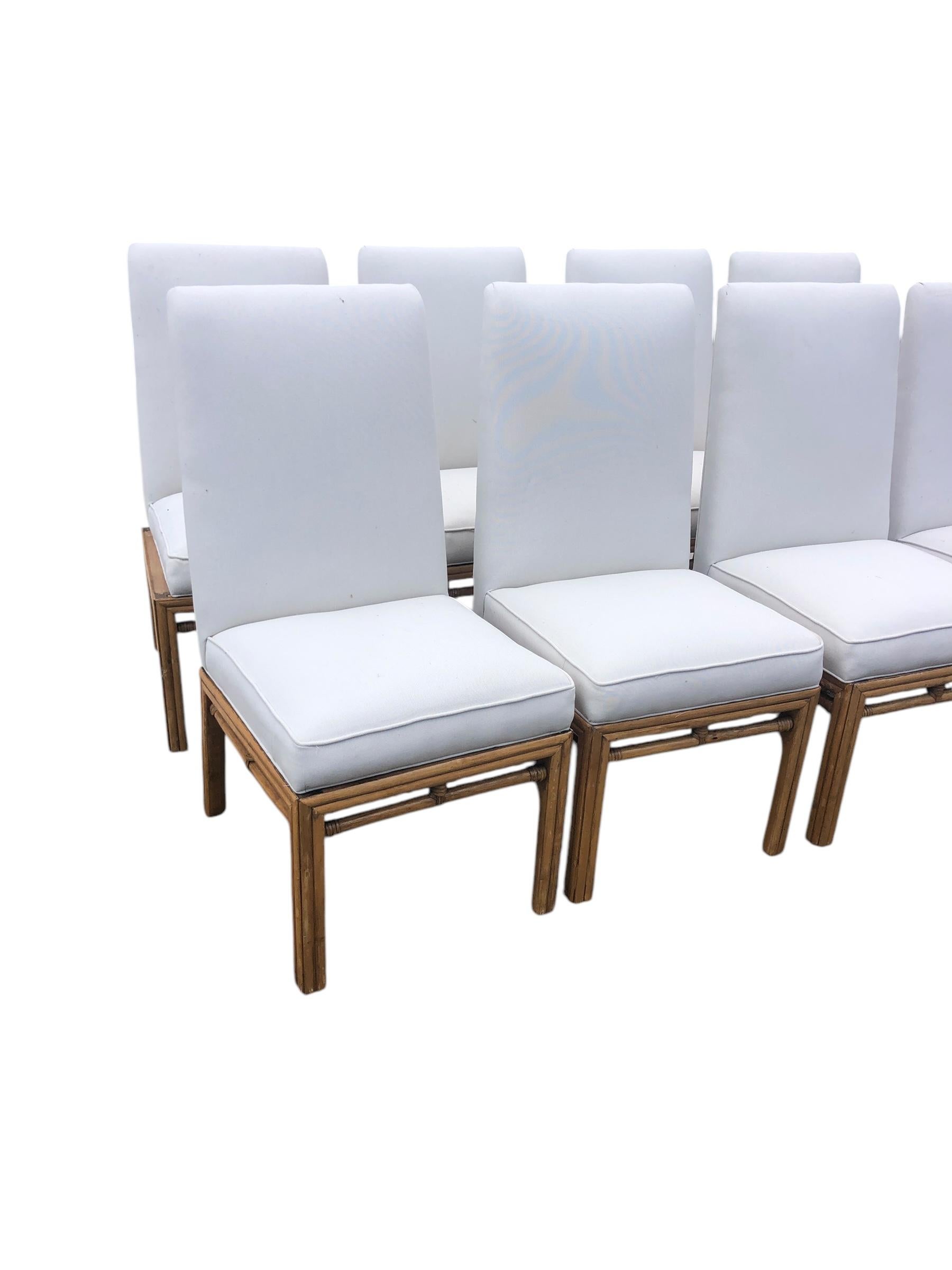 Late 20th Century Set of Eight Ficks Reed Mid Century Rattan Upholstered Dining Chairs