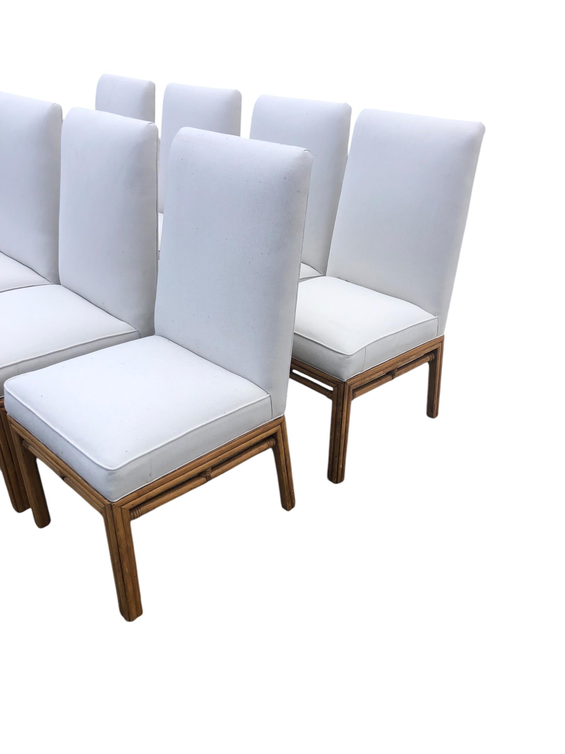 Fabric Set of Eight Ficks Reed Mid Century Rattan Upholstered Dining Chairs