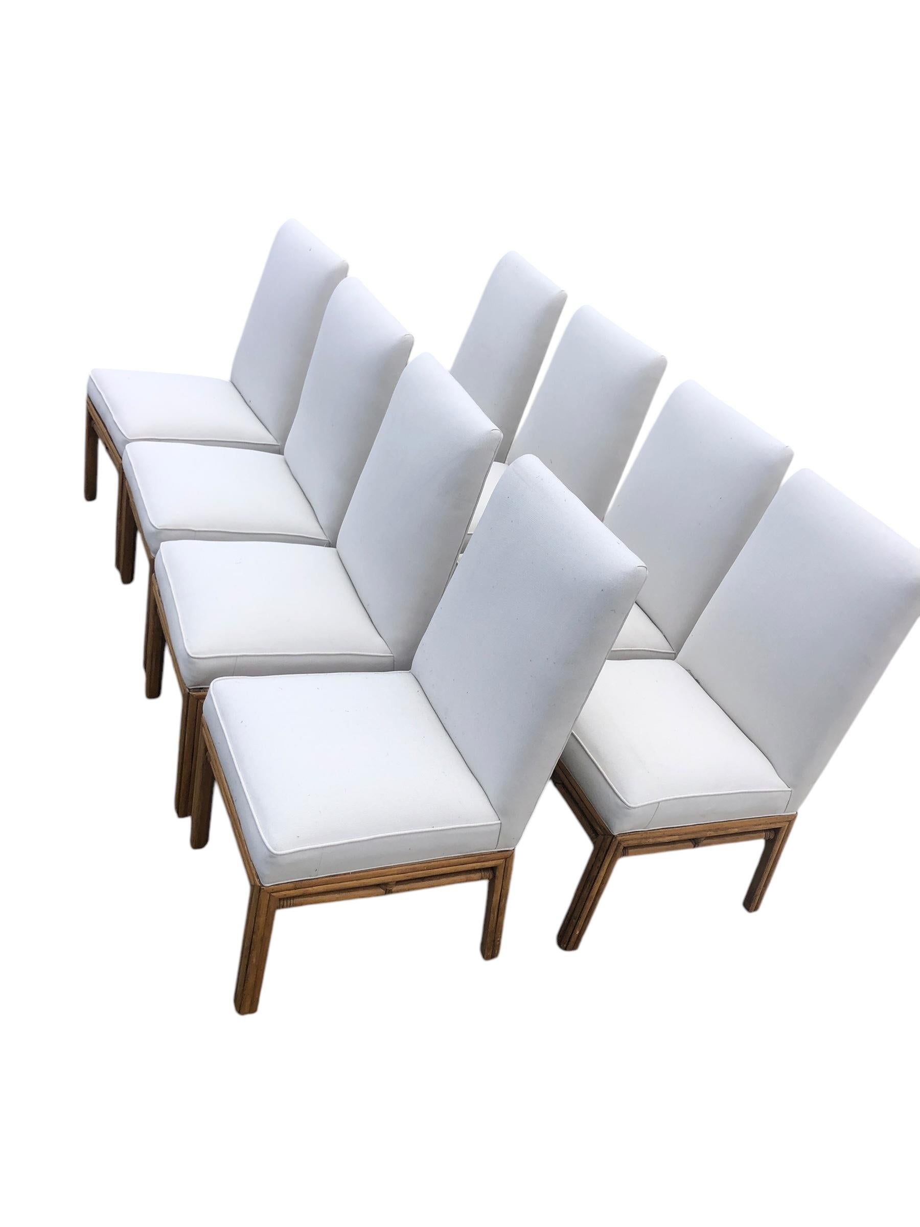 Set of Eight Ficks Reed Mid Century Rattan Upholstered Dining Chairs 1