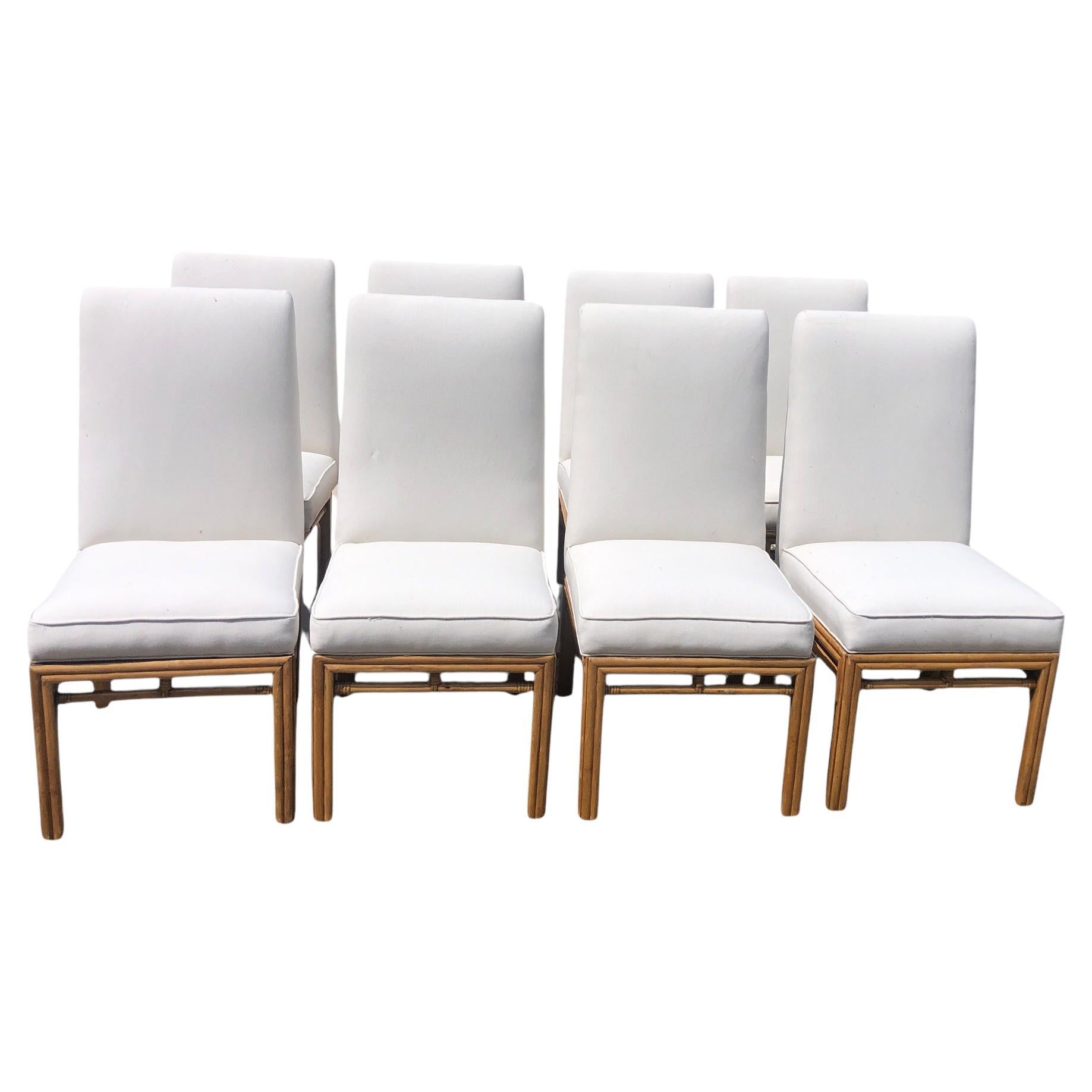 Set of Eight Ficks Reed Mid Century Rattan Upholstered Dining Chairs