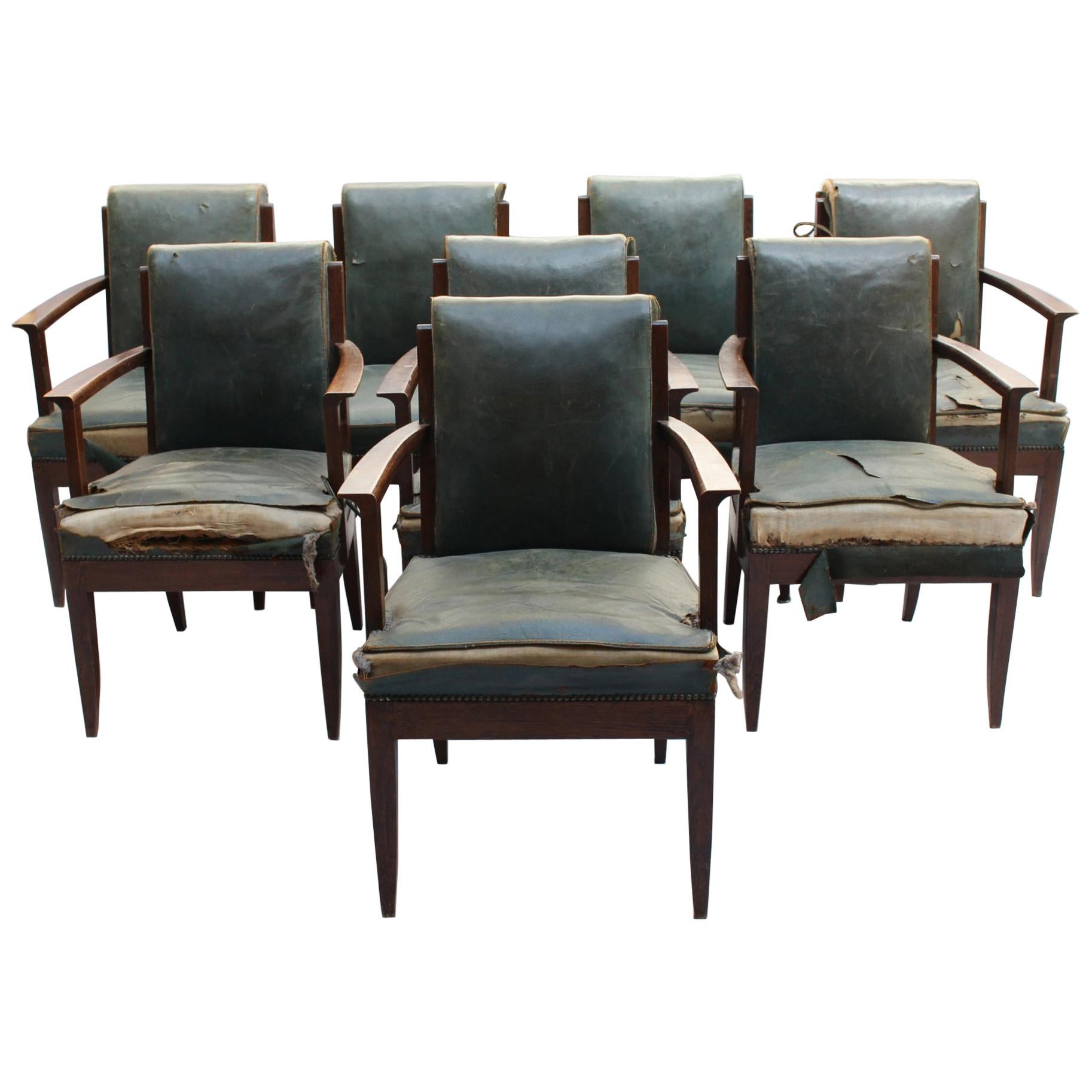 Set of 8 Fine French Art Deco Oak Armchairs by Leon and Maurice Jallot 