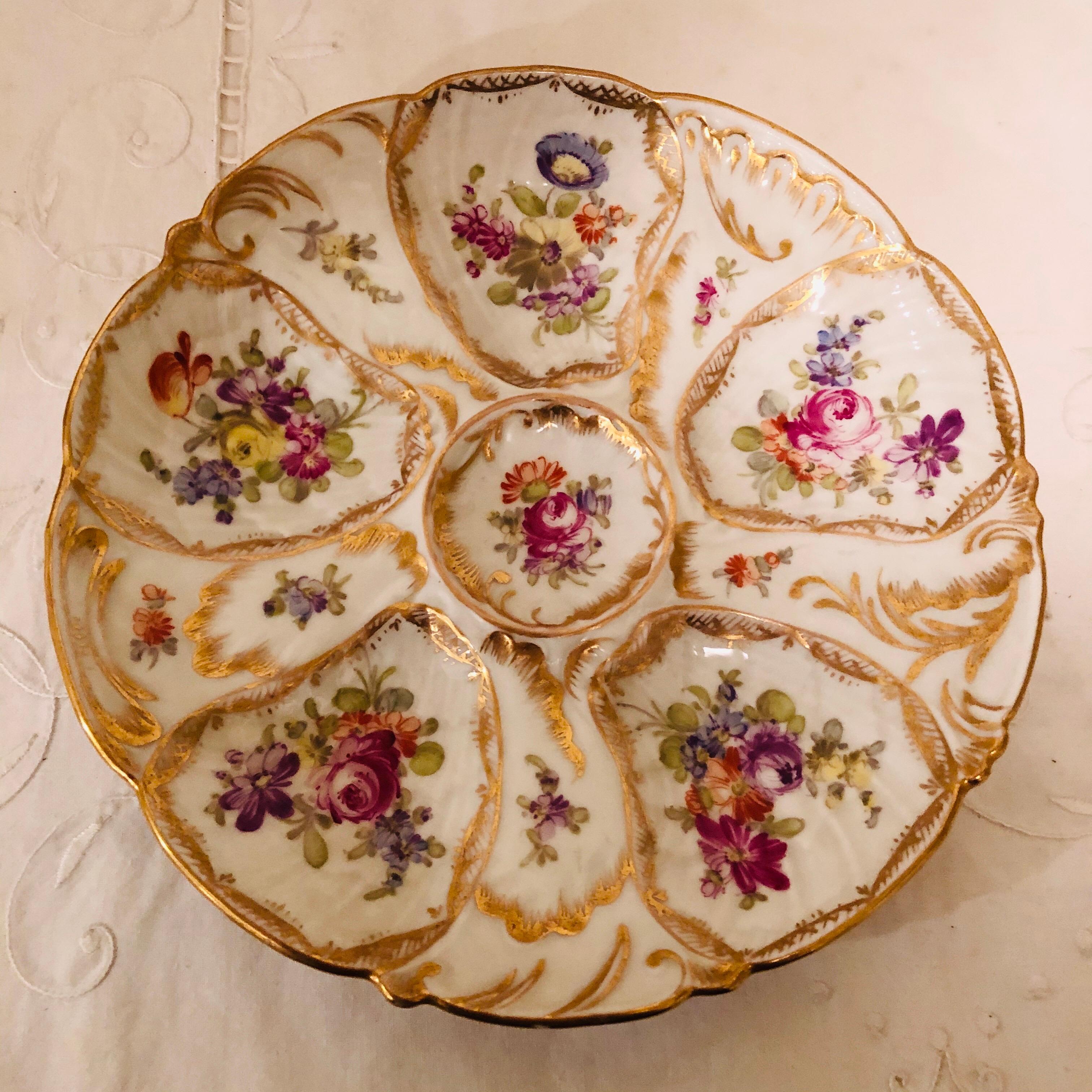Rococo Set of Eight Floral Fluted Dresden Oyster Plates, Each Hand Painted Differently