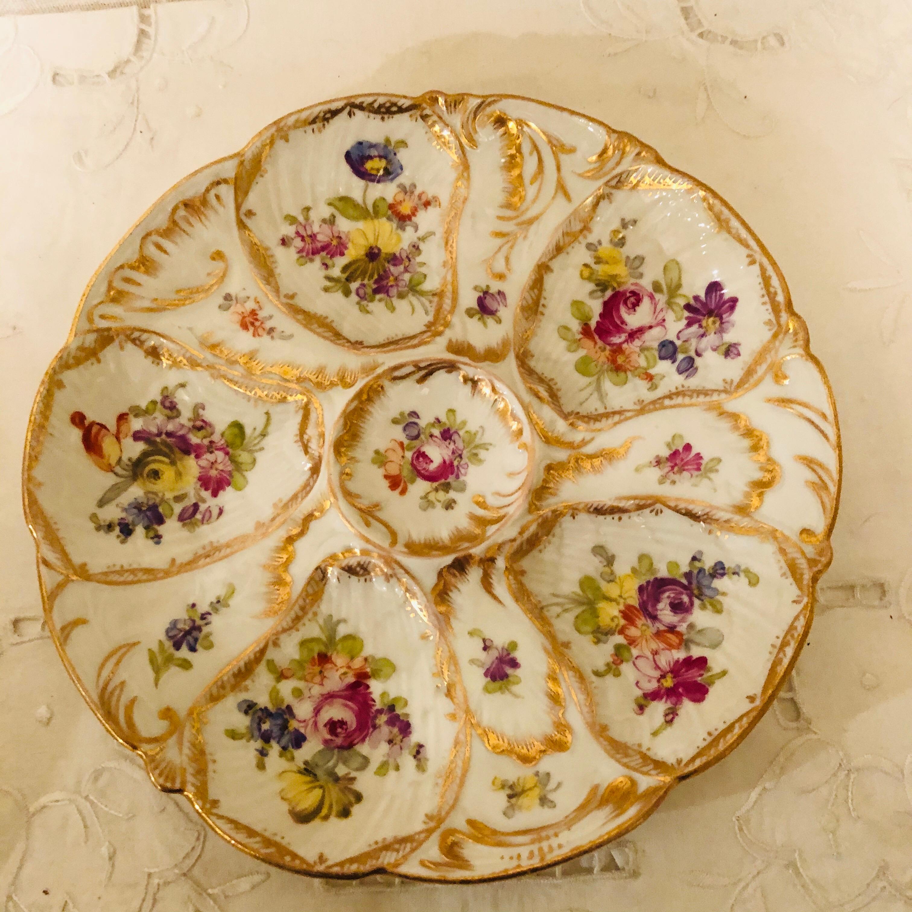 German Set of Eight Floral Fluted Dresden Oyster Plates, Each Hand Painted Differently