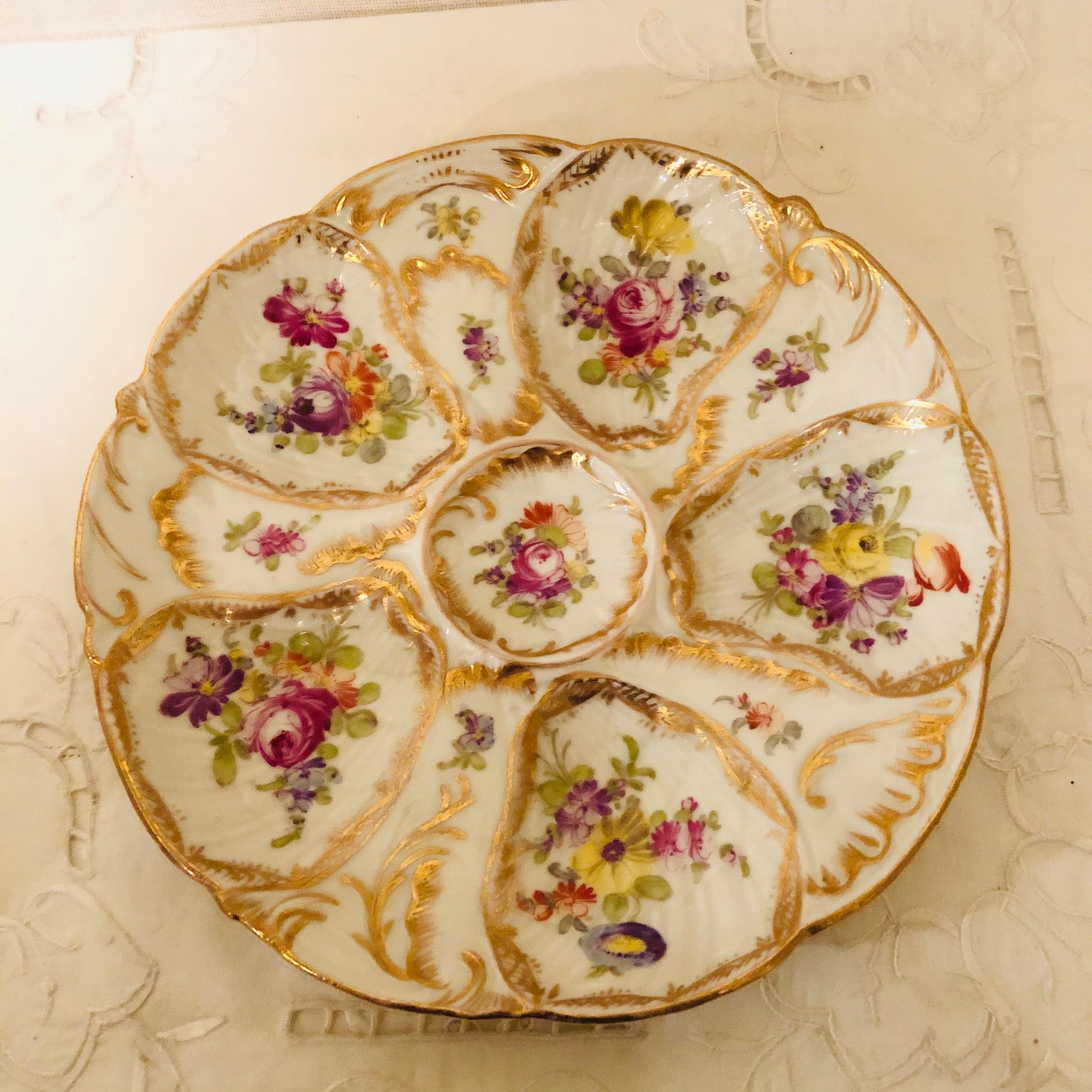 Hand-Painted Set of Eight Floral Fluted Dresden Oyster Plates, Each Hand Painted Differently