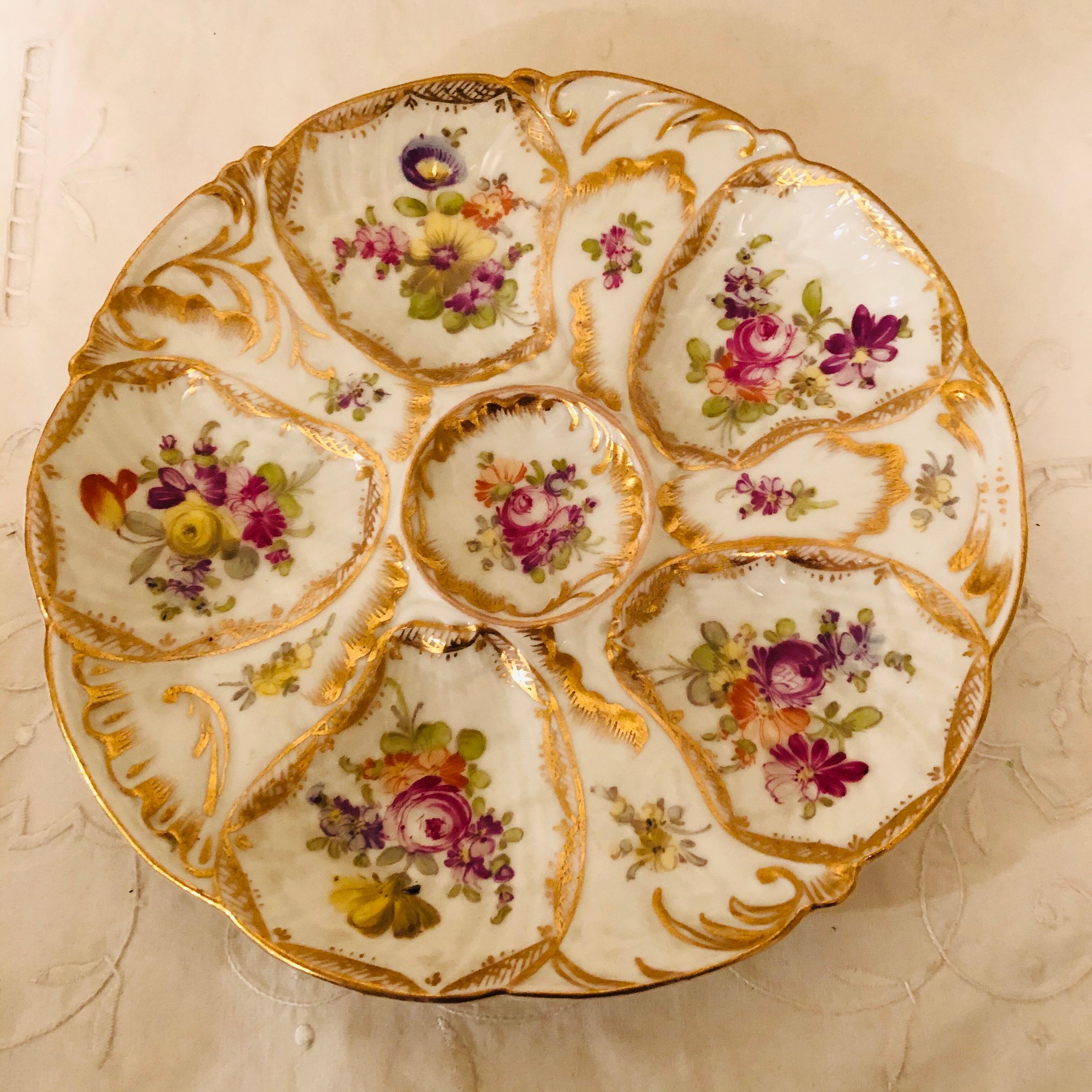 Late 19th Century Set of Eight Floral Fluted Dresden Oyster Plates, Each Hand Painted Differently