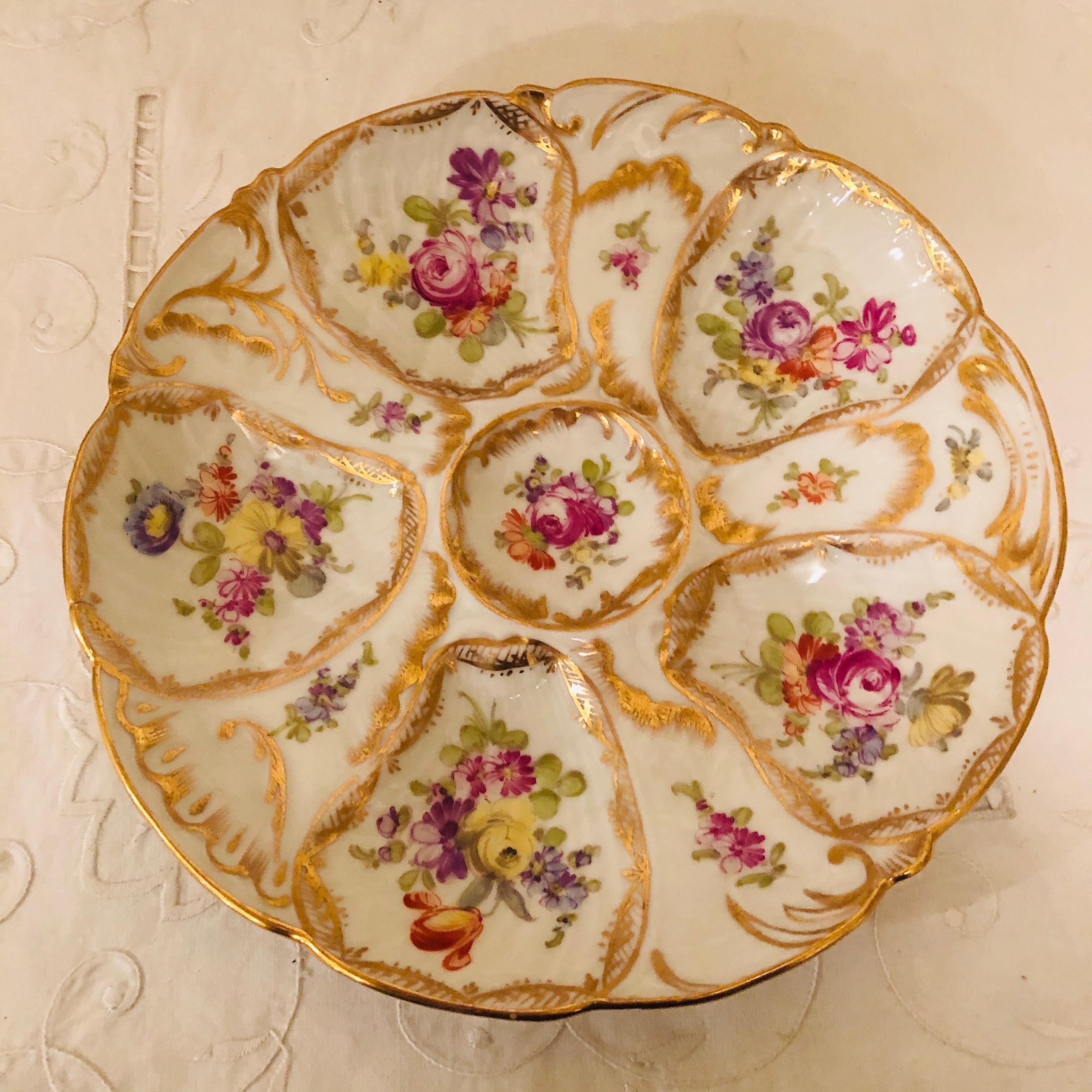 Porcelain Set of Eight Floral Fluted Dresden Oyster Plates, Each Hand Painted Differently