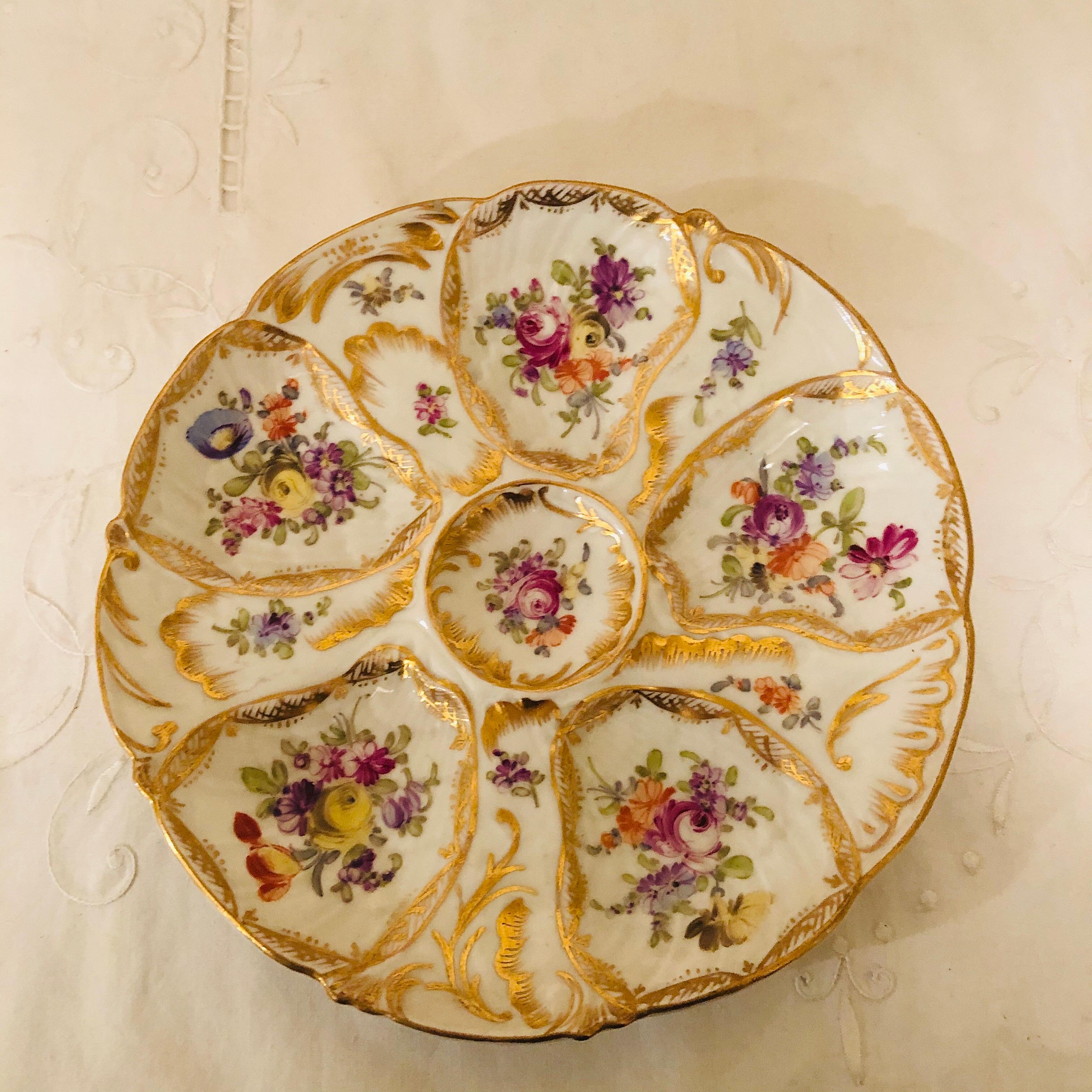 Set of Eight Floral Fluted Dresden Oyster Plates, Each Hand Painted Differently 1