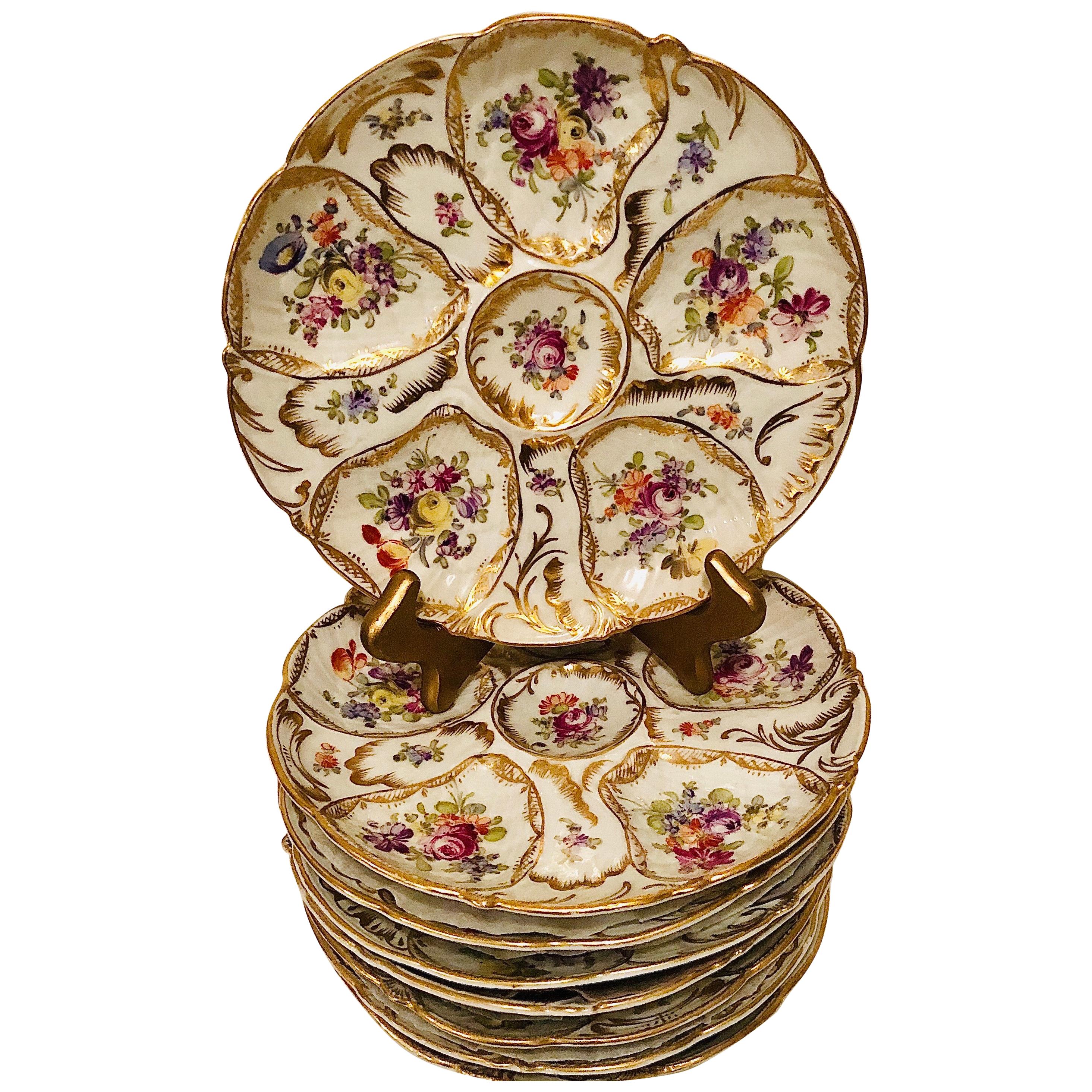 Set of Eight Floral Fluted Dresden Oyster Plates, Each Hand Painted Differently