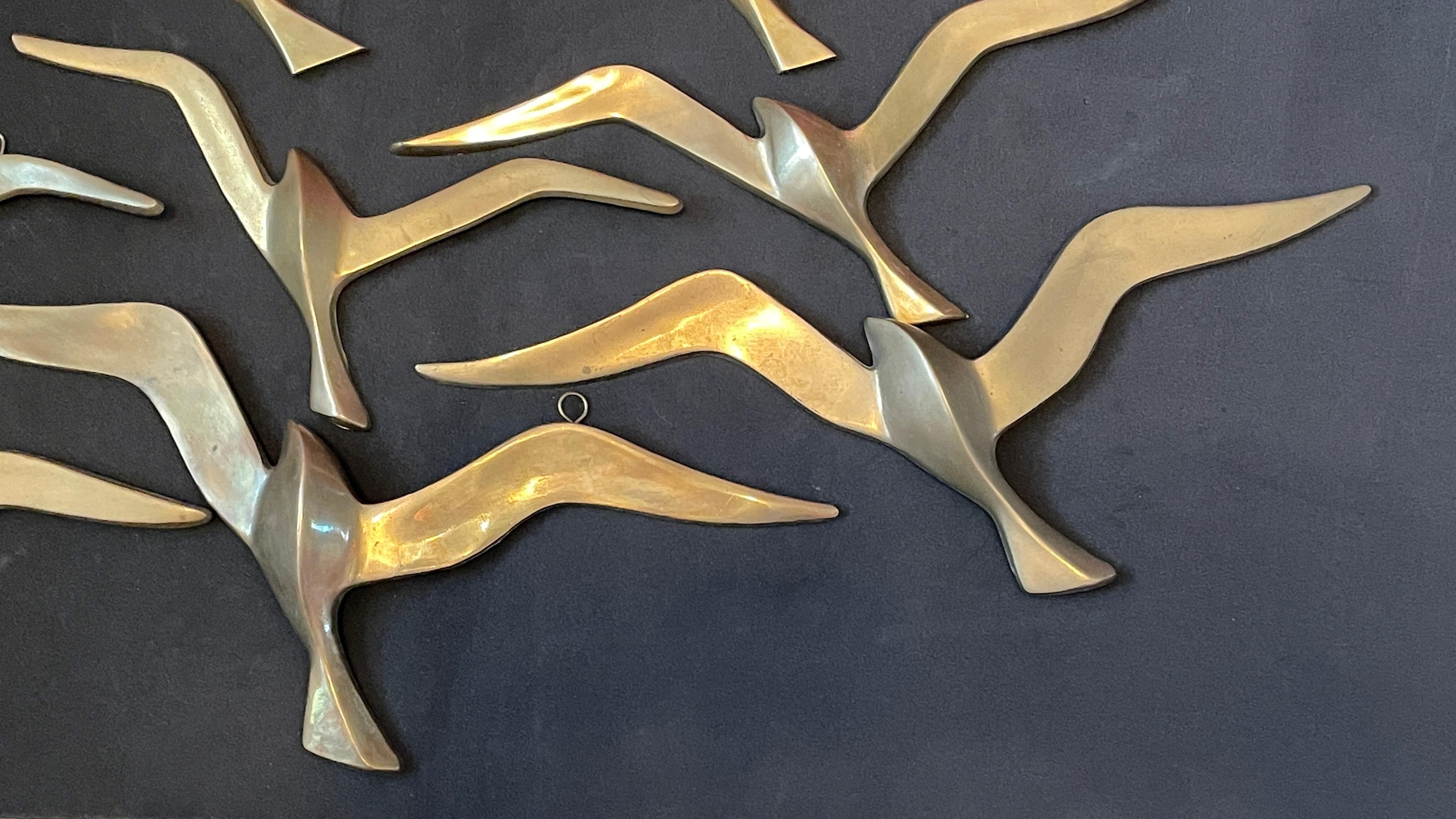 Mid-Century Modern Set of Eight Flying Swallows Birds Brass Metal Wall Decoration Vintage, 1960s