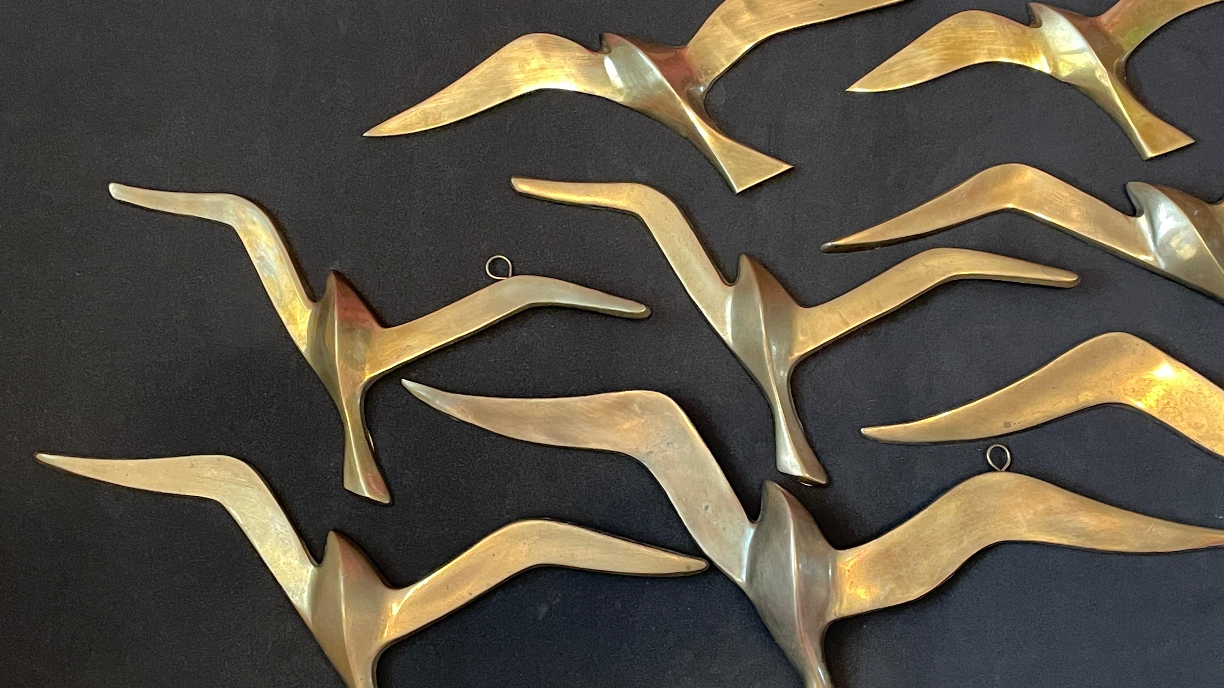 Mid-20th Century Set of Eight Flying Swallows Birds Brass Metal Wall Decoration Vintage, 1960s