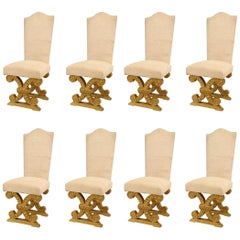 Juego de 8 sillas auxiliares francesas doradas y tapizadas