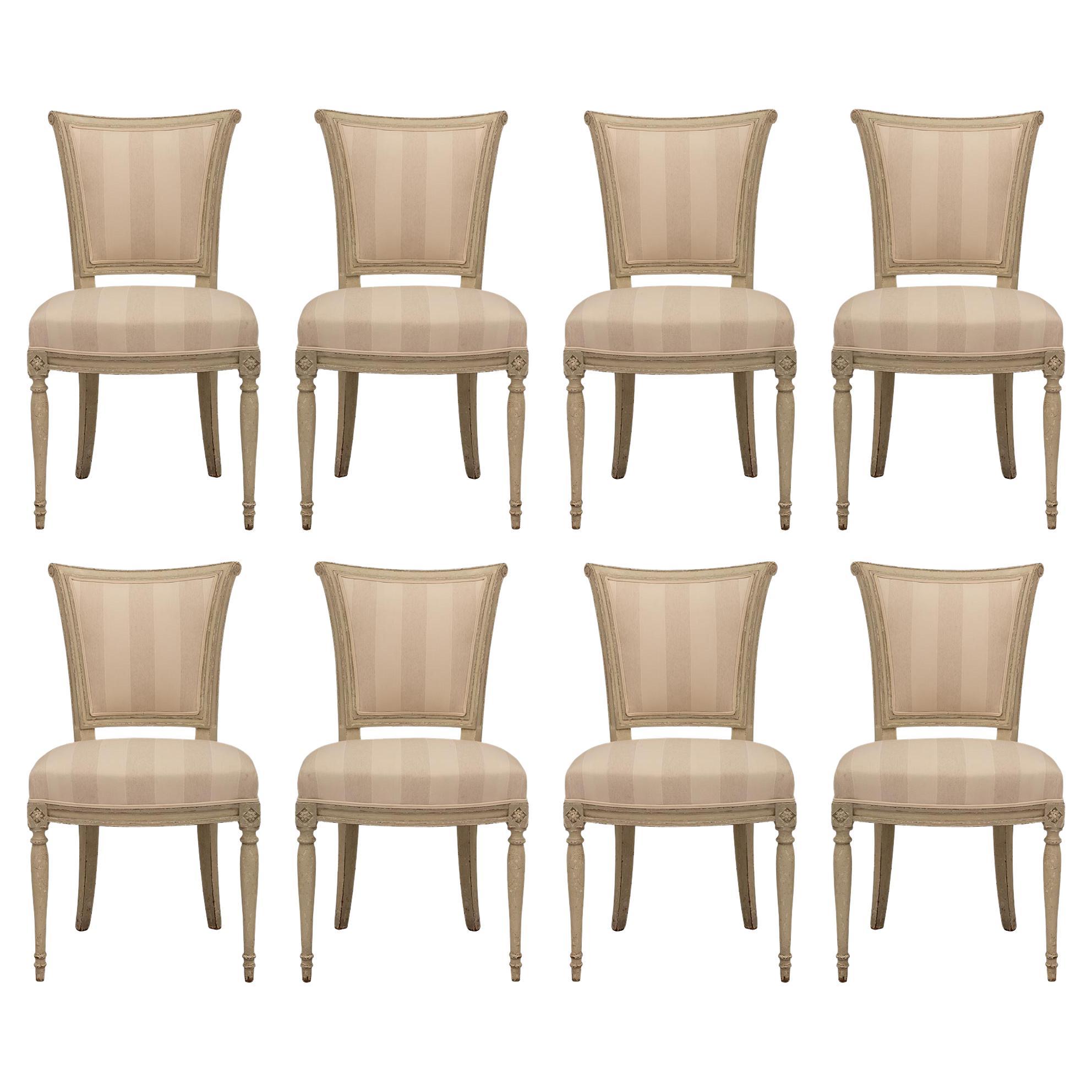 Set of Eight French 19th Century Directoire St. Patinated Wood Dining Chairs For Sale