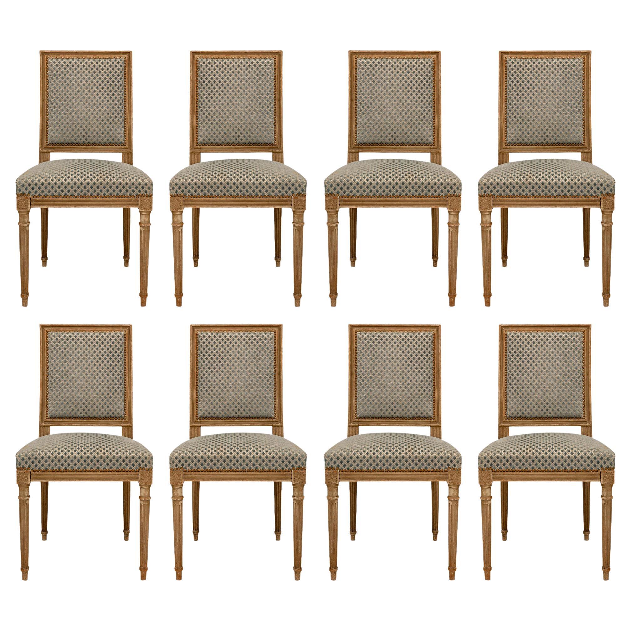 Set of Eight French 19th Century Louis XVI St. Patinated Wood Dining Chairs For Sale