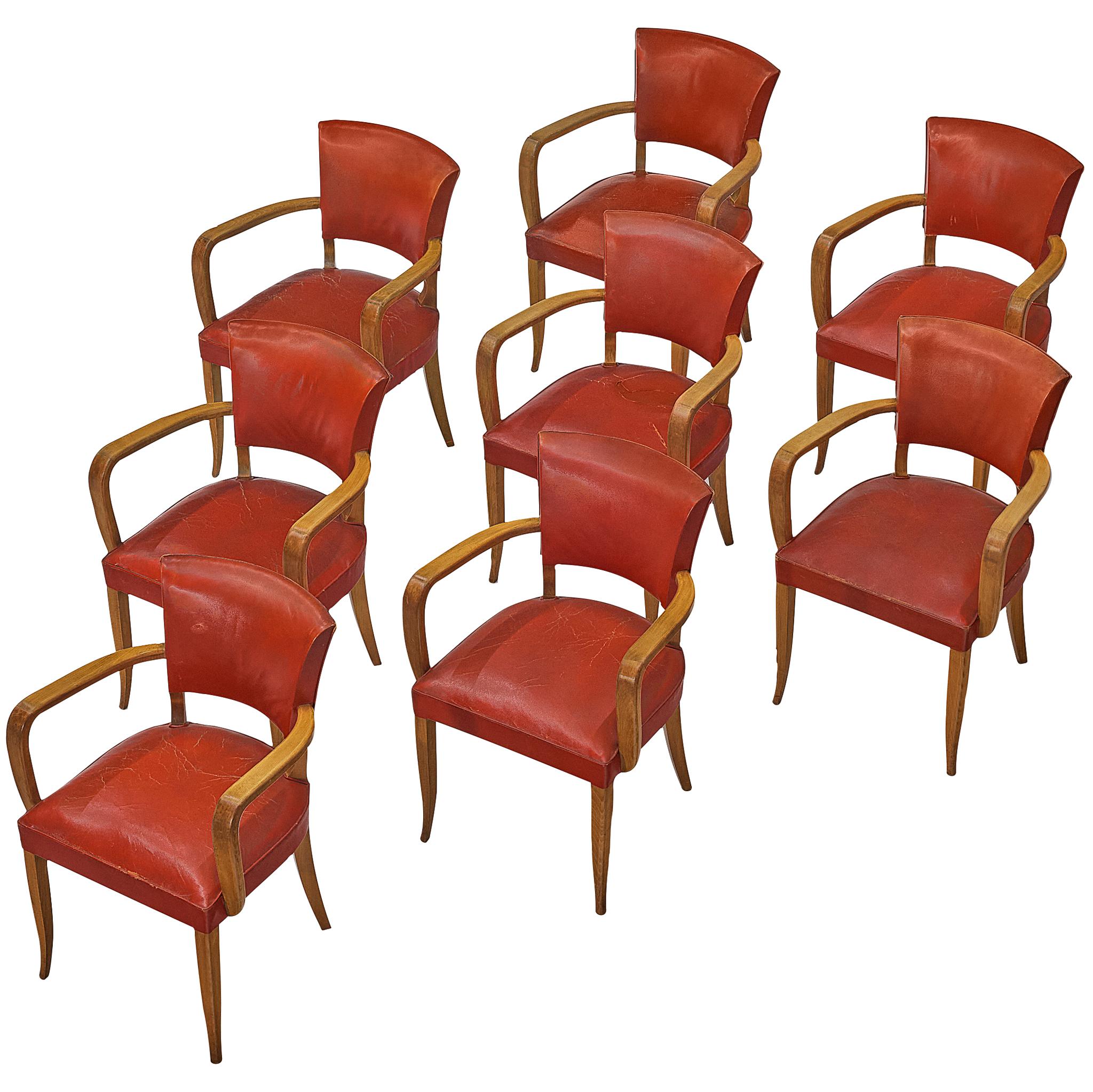 Set of Eight French Art Deco Armchairs in Wood and Red Leatherette