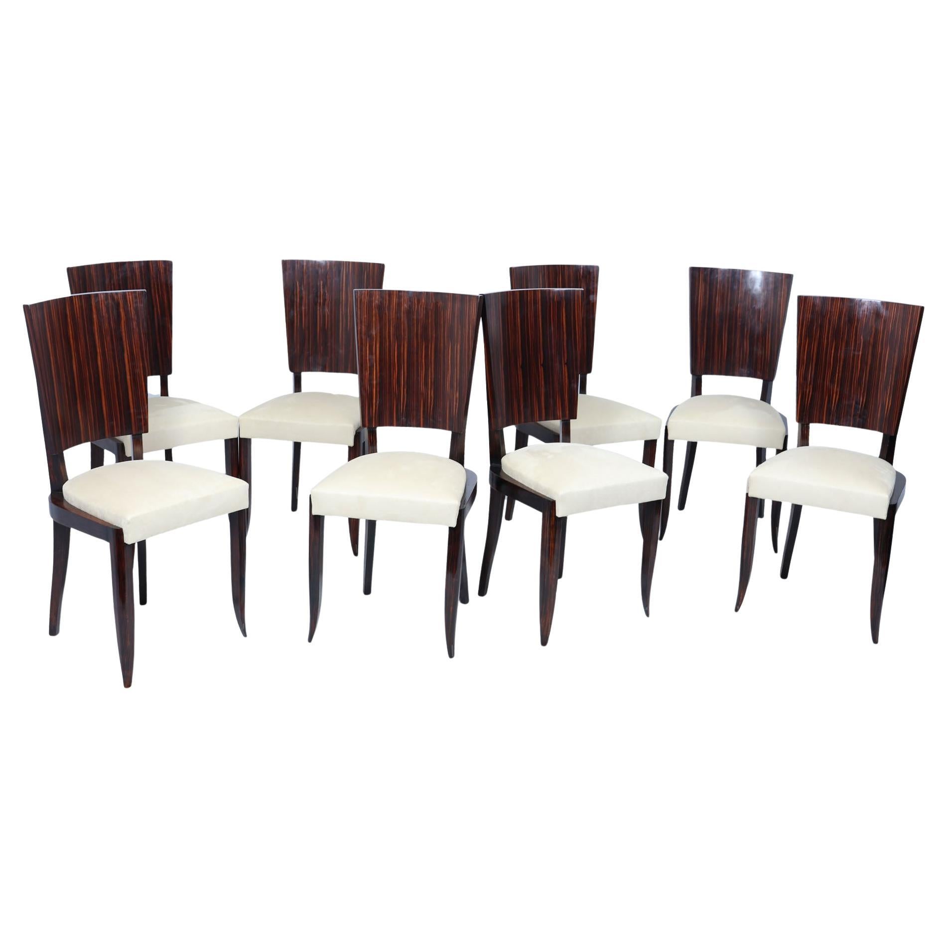Set of Eight French Art Deco Macassar Ebony Dining Chairs, c.1930s