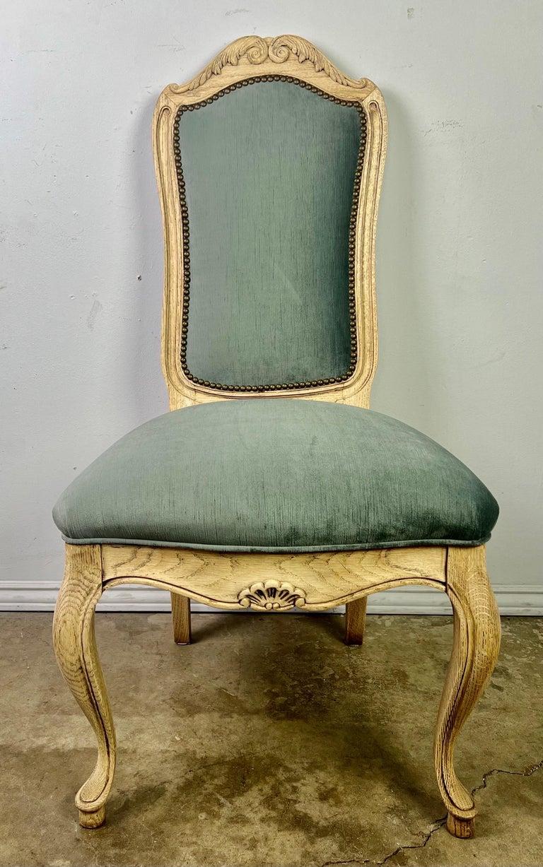 Set of Eight French Blue Velvet Dining Chairs C.1930's In Distressed Condition For Sale In Los Angeles, CA