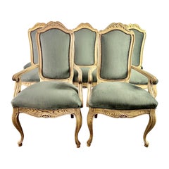 Antique Set of Eight French Blue Velvet Dining Chairs C.1930's