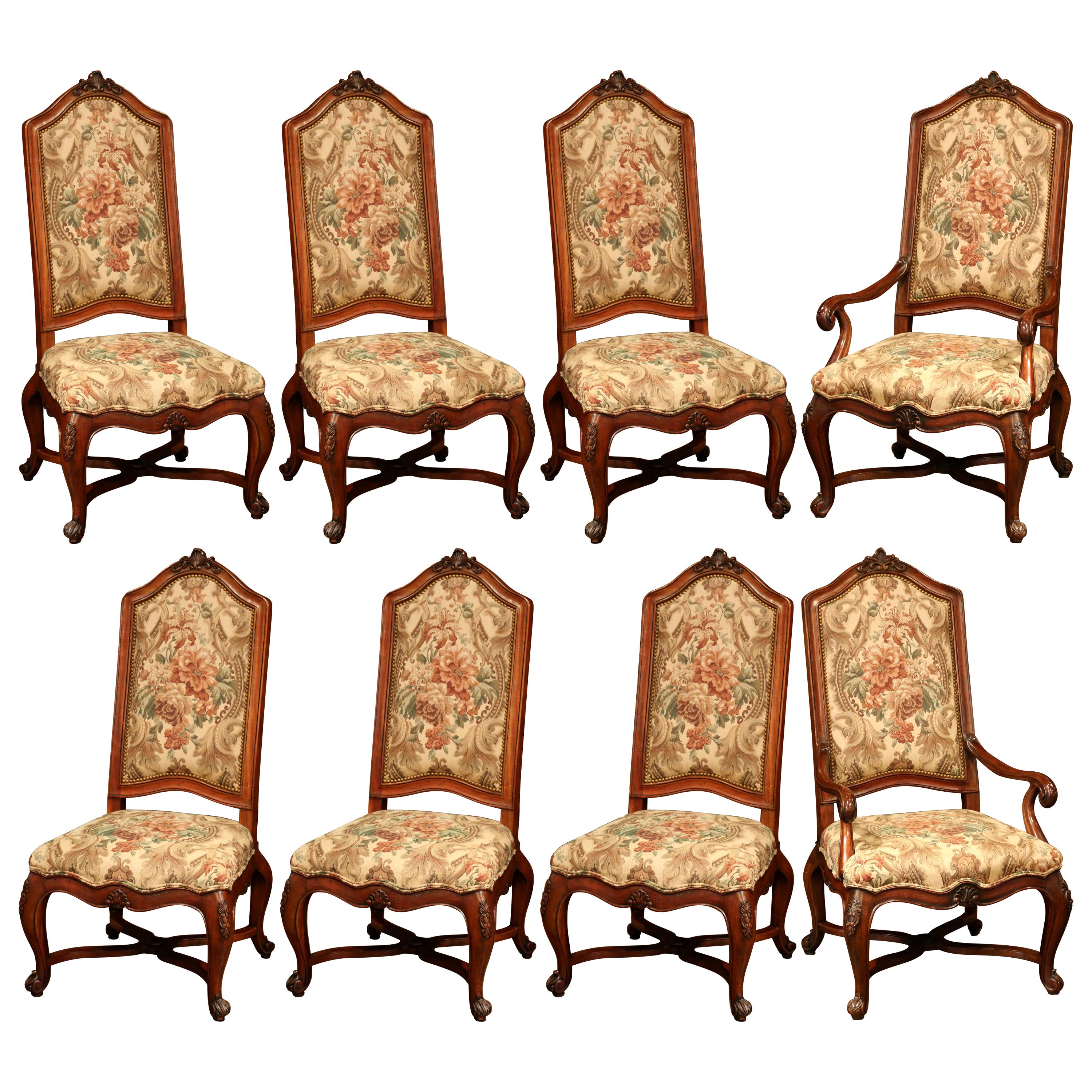 Set of Eight French Carved Walnut Dining Chairs and Armchairs