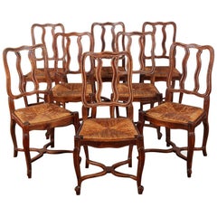 Set of Eight French Cherry Rush Seated Chairs