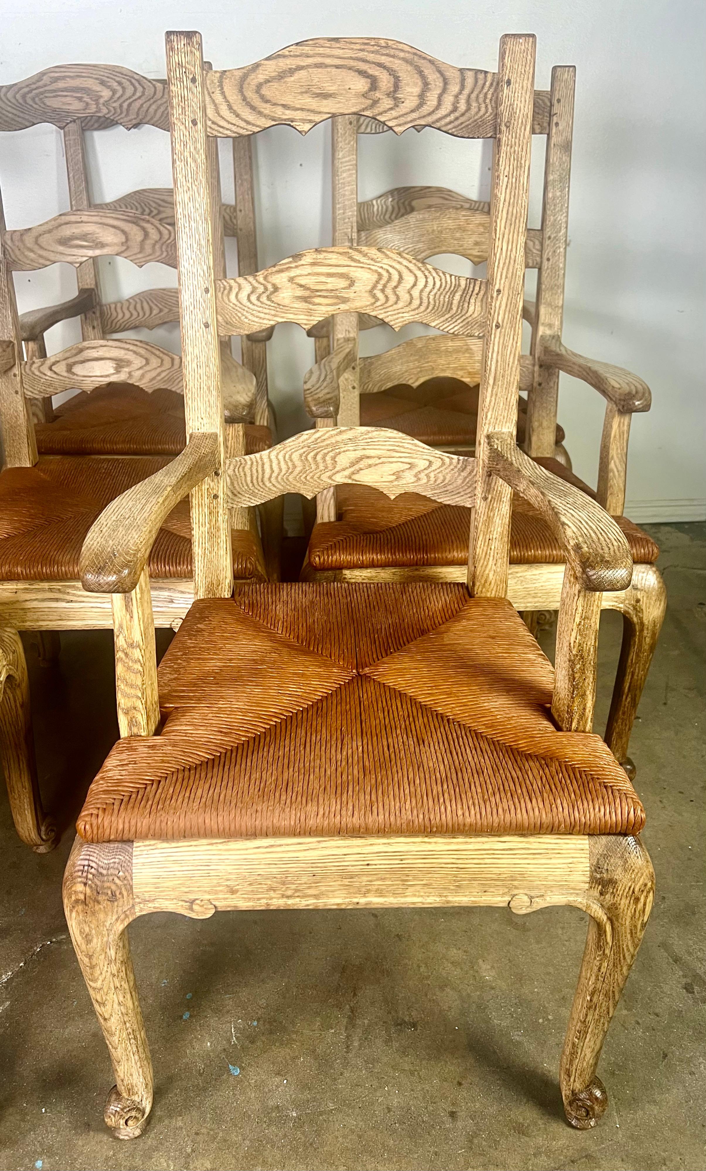 French Provincial Set of Eight French Country Ladder Back Armchairs w/ Rush Seats  For Sale