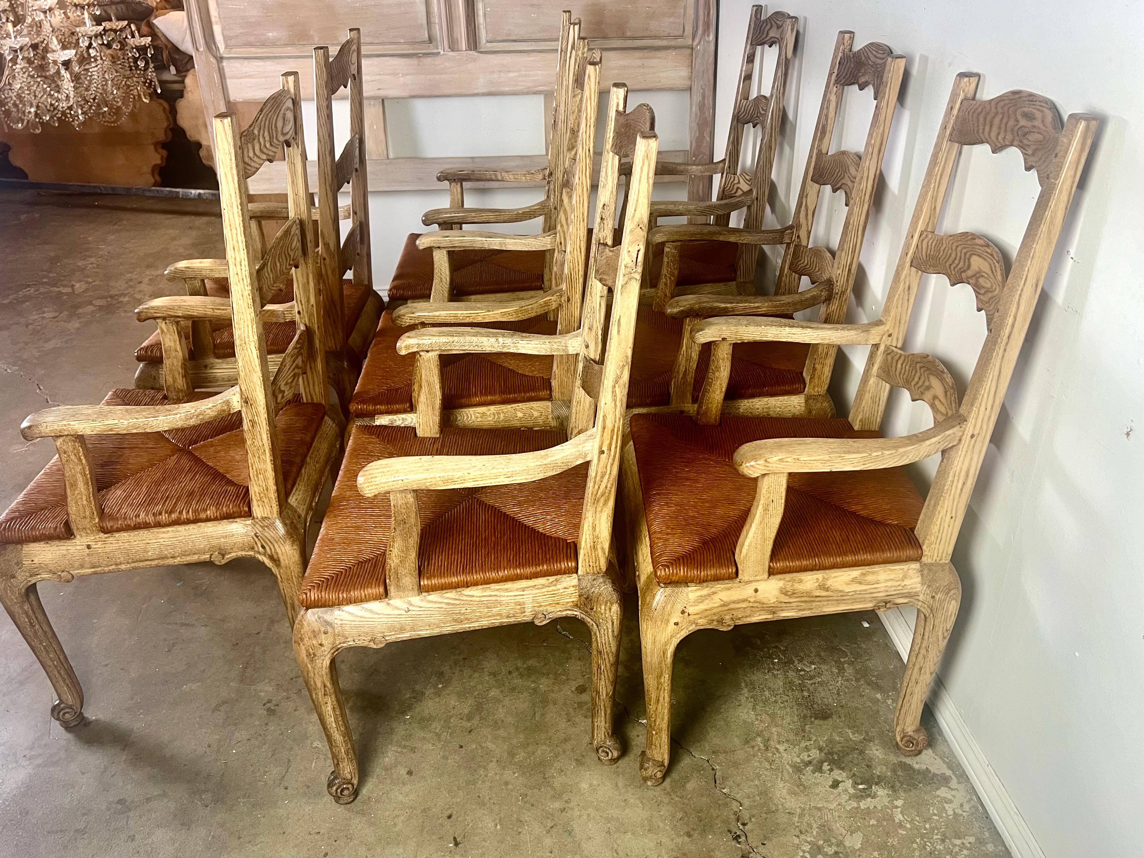 French Provincial Set of Eight French Country Ladder Back Armchairs w/ Rush Seats  For Sale