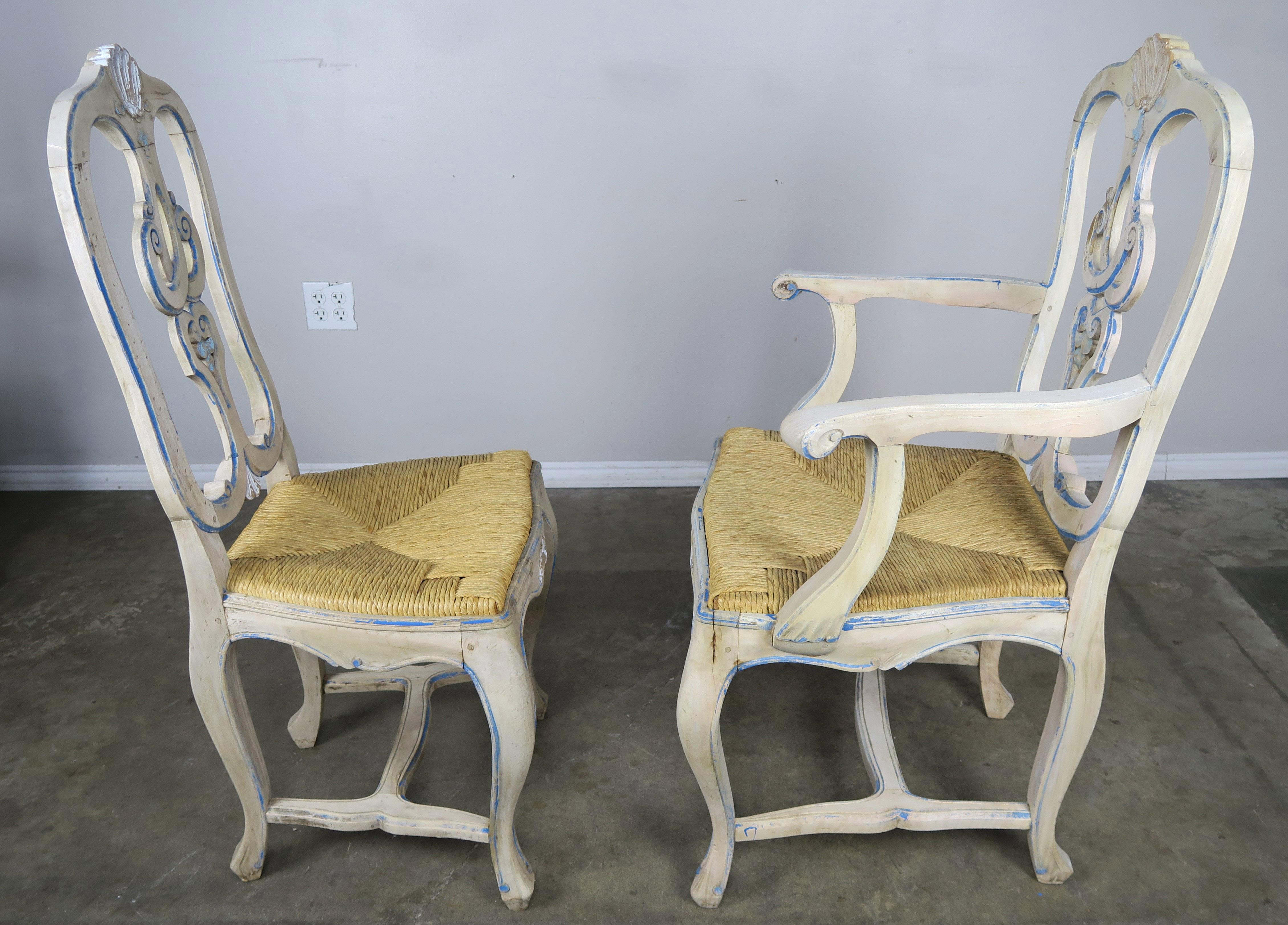Set of Eight French Country Painted Dining Chairs with Rust Seats 6