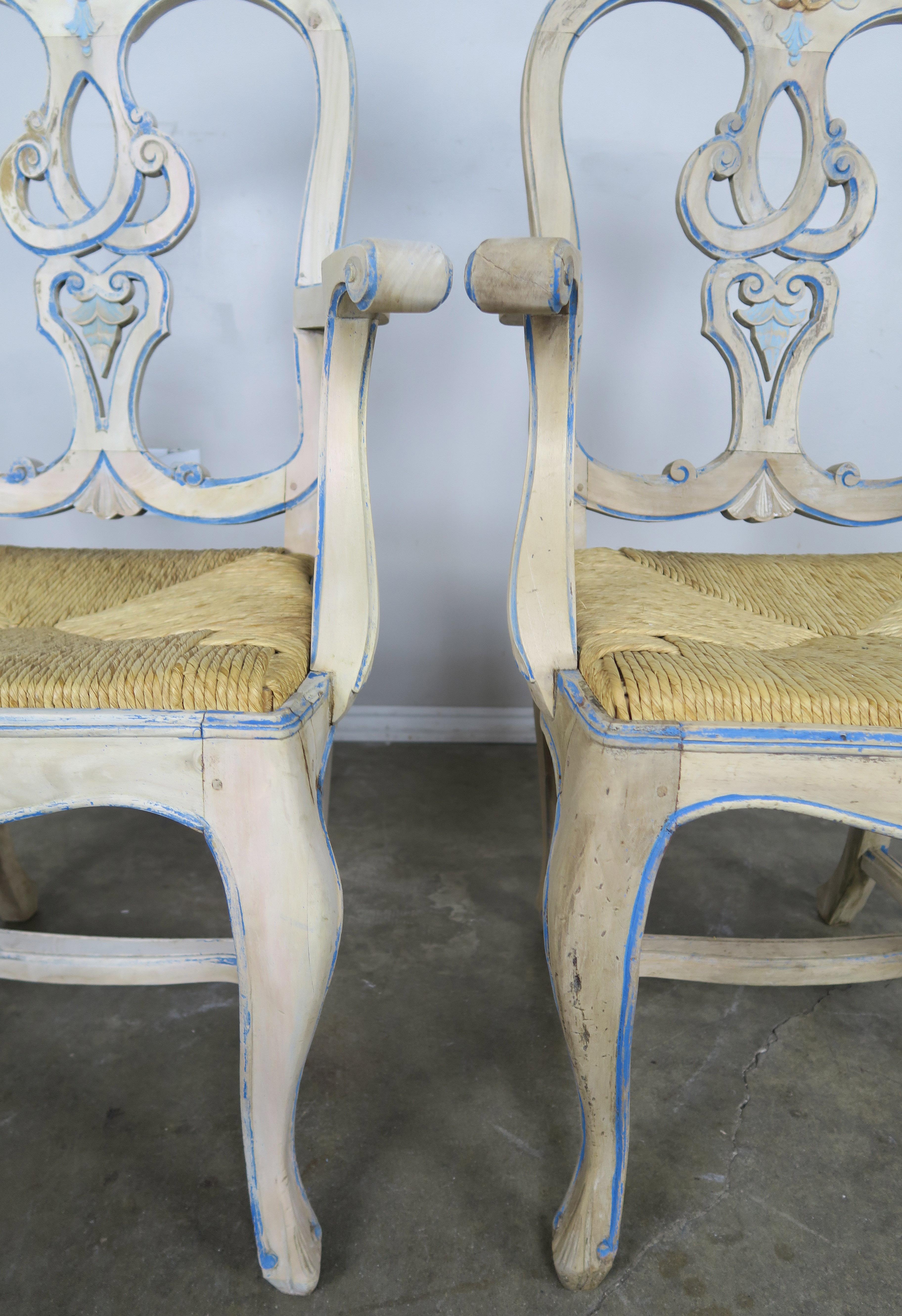 Hand-Painted Set of Eight French Country Painted Dining Chairs with Rust Seats