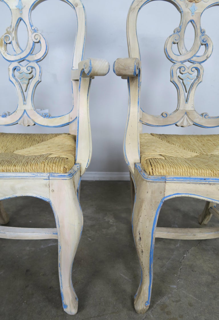 Set of Eight French Country Painted Dining Chairs with Rust Seats at