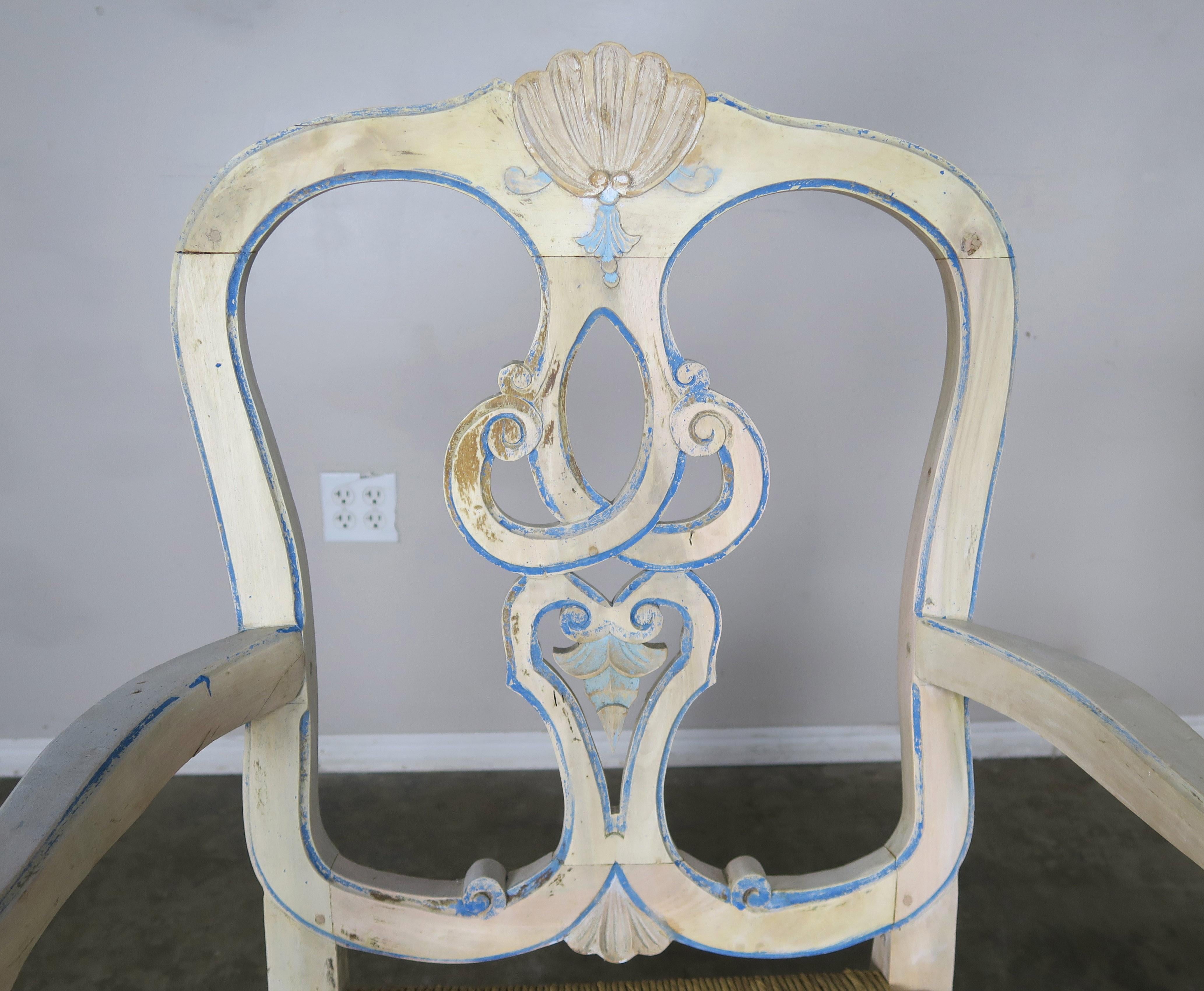 Set of Eight French Country Painted Dining Chairs with Rust Seats In Distressed Condition In Los Angeles, CA